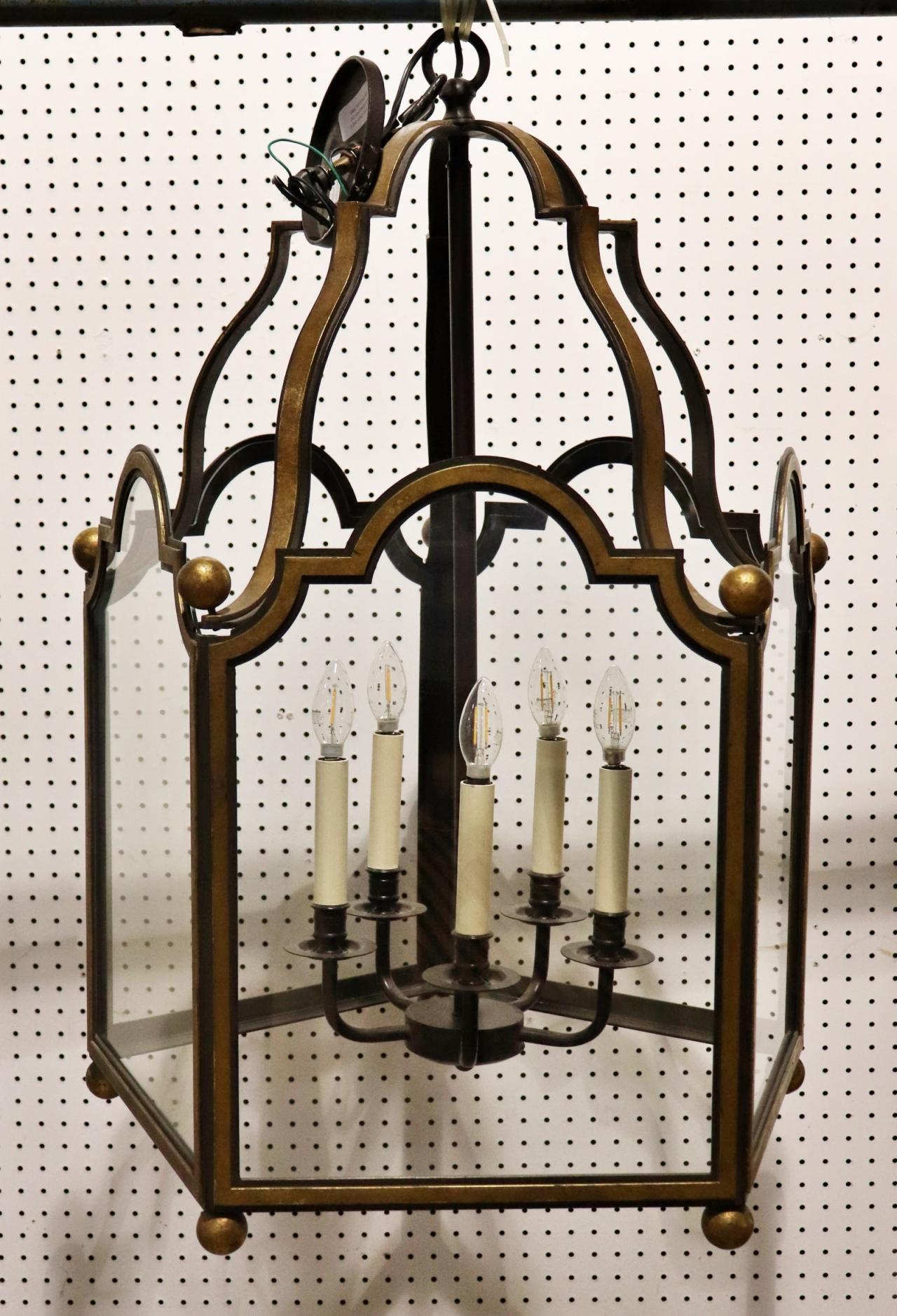 Unique 5 light 5 panel Glazed French Wrought Iron Large Lantern Chandelier For Sale 3