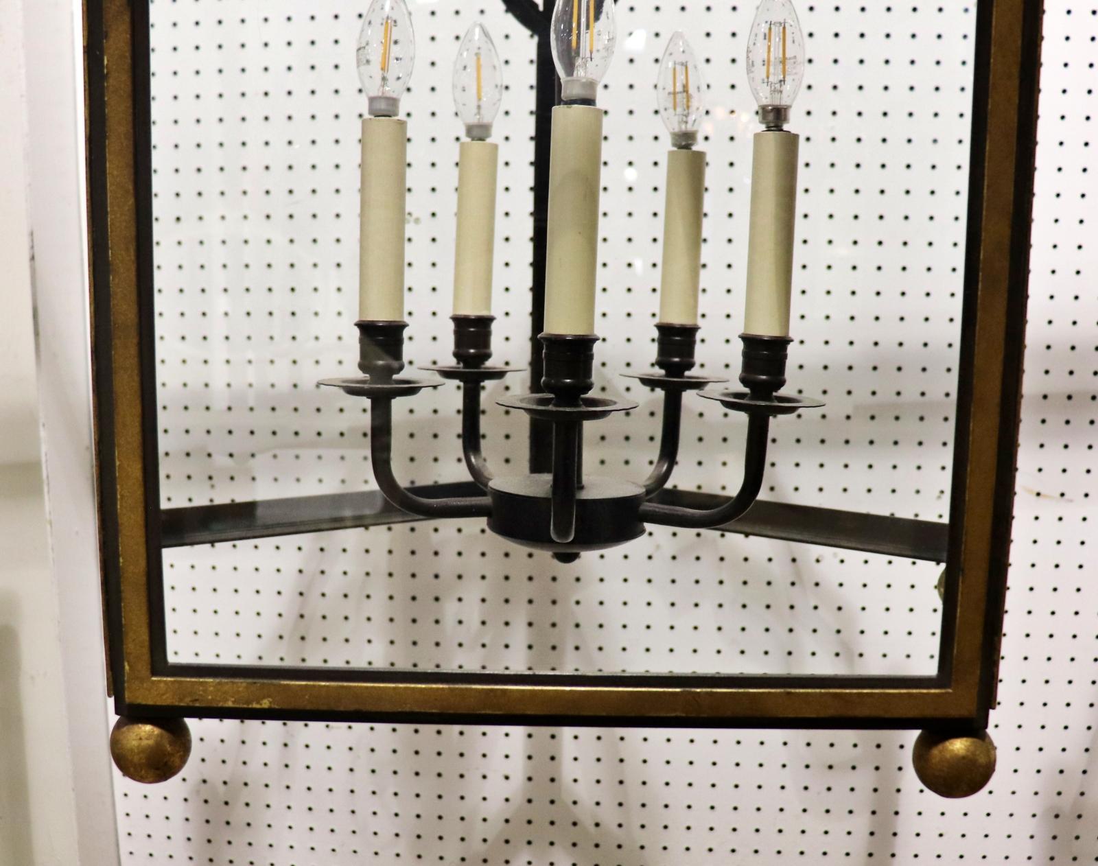 French Provincial Unique 5 light 5 panel Glazed French Wrought Iron Large Lantern Chandelier For Sale