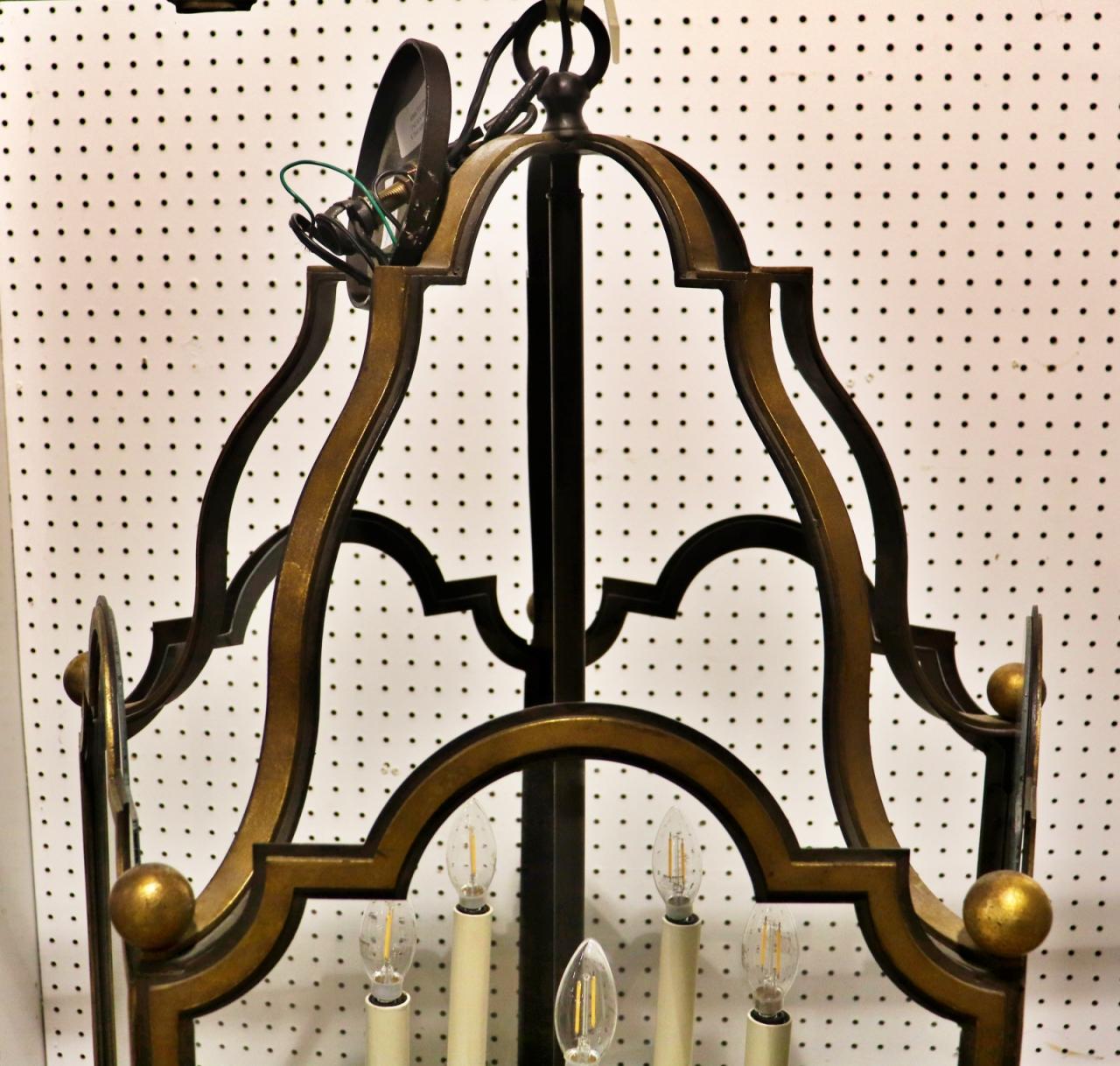 Unique 5 light 5 panel Glazed French Wrought Iron Large Lantern Chandelier In Good Condition For Sale In Swedesboro, NJ