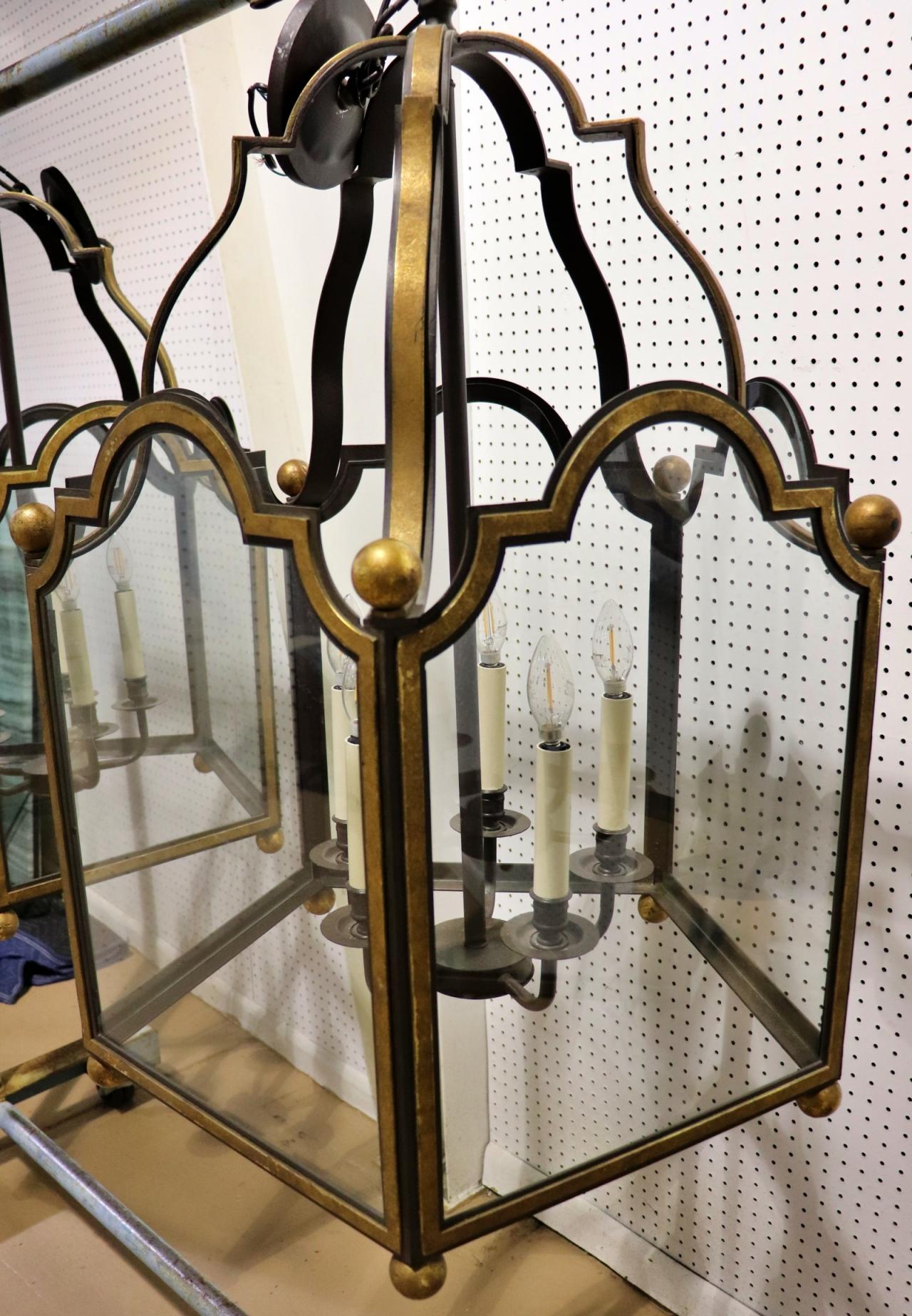 Glass Unique 5 light 5 panel Glazed French Wrought Iron Large Lantern Chandelier For Sale