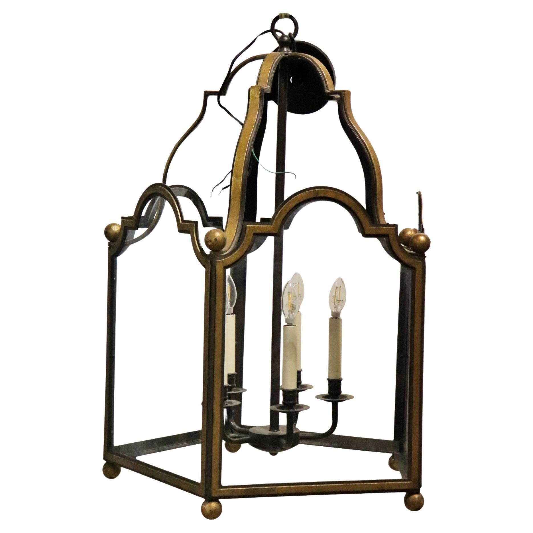 Unique 5 light 5 panel Glazed French Wrought Iron Large Lantern Chandelier For Sale
