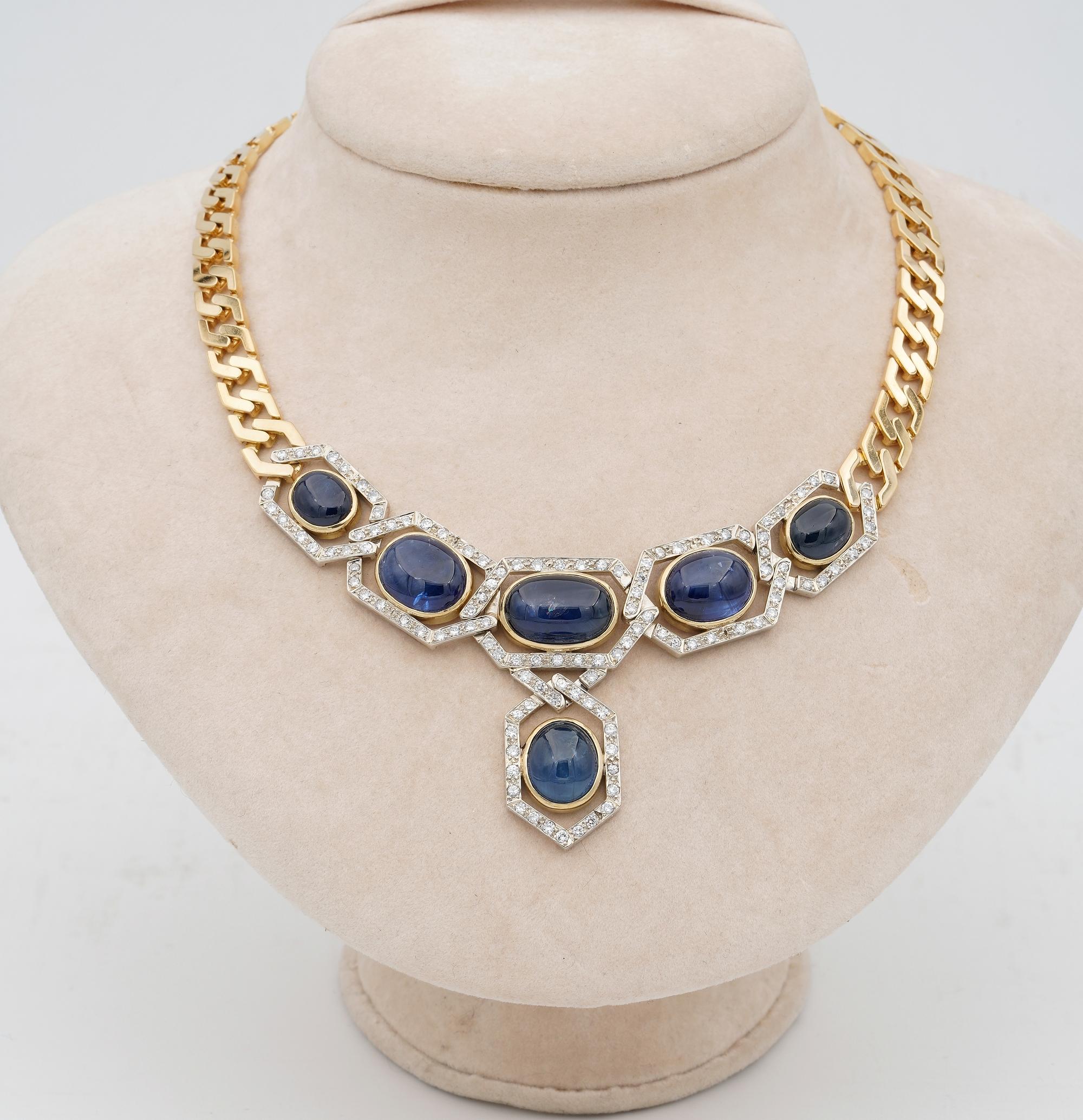 Contemporary Unique 55.80 Ct Natural Sapphire 15.00 Ct 1970 Curb Necklace 18 KT For Sale