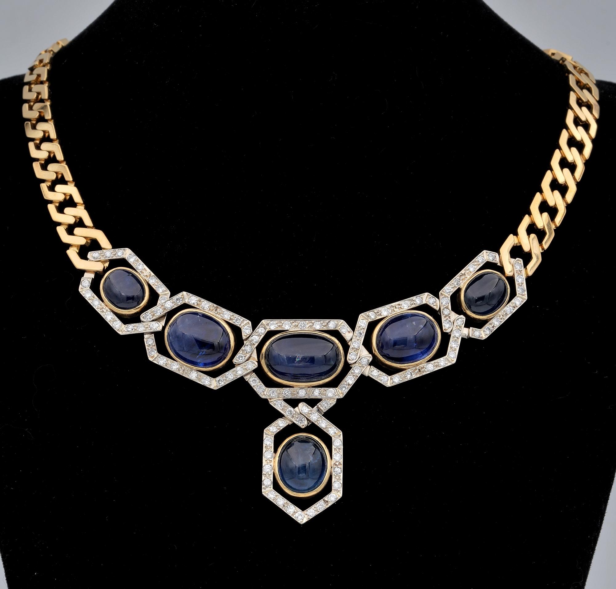 Cabochon Unique 55.80 Ct Natural Sapphire 15.00 Ct 1970 Curb Necklace 18 KT For Sale
