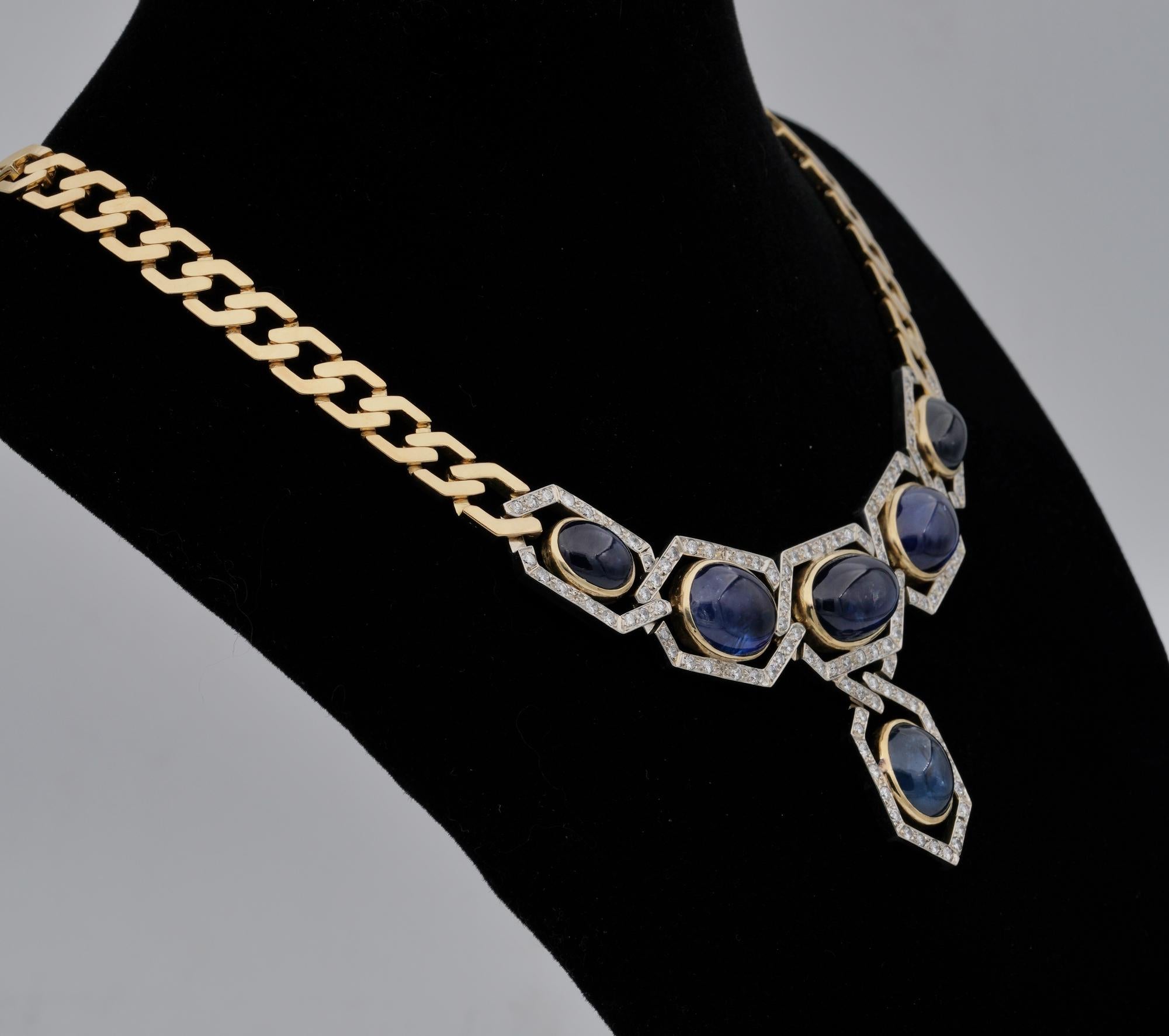 Women's or Men's Unique 55.80 Ct Natural Sapphire 15.00 Ct 1970 Curb Necklace 18 KT For Sale