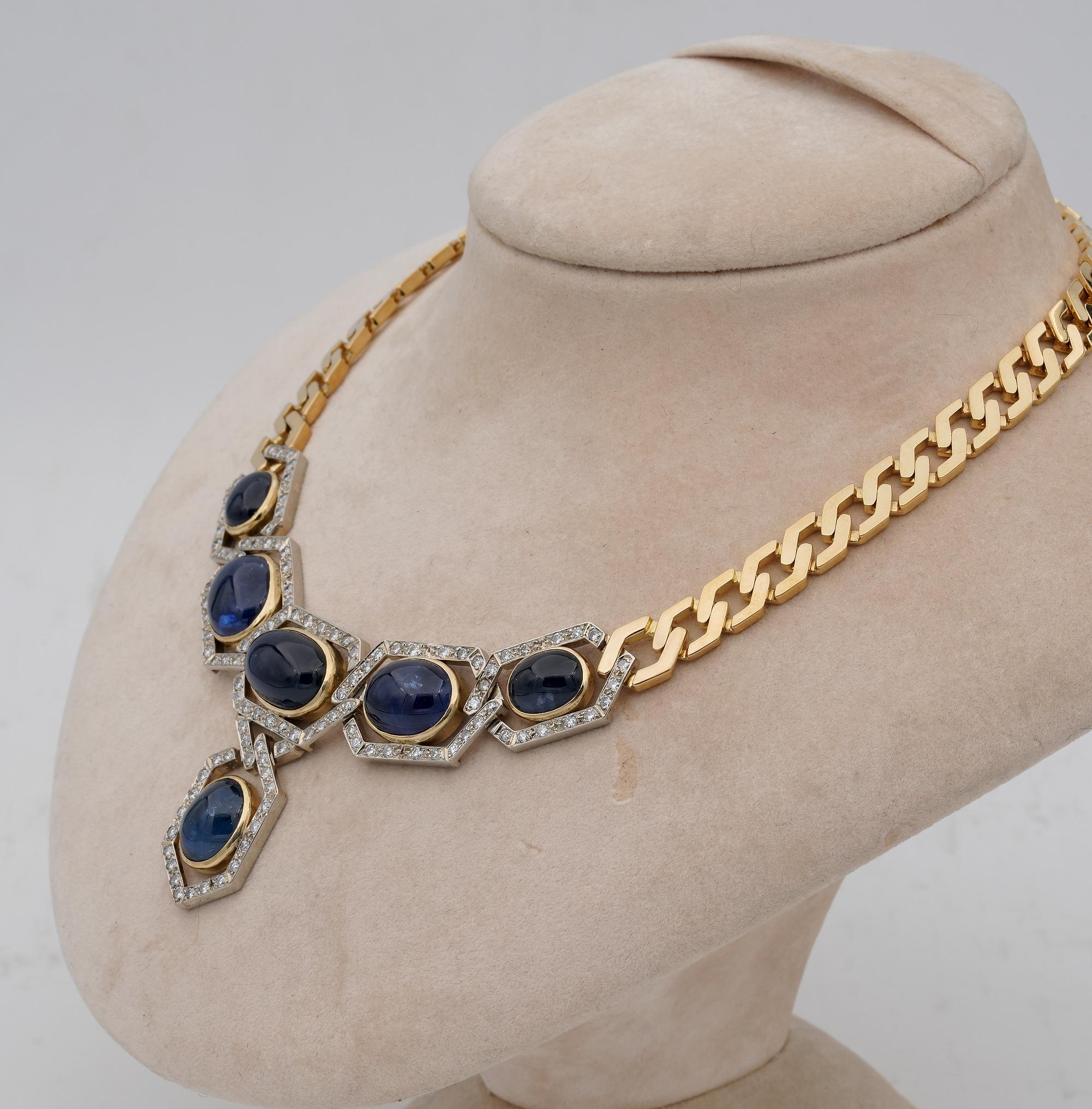 Unique 55.80 Ct Natural Sapphire 15.00 Ct 1970 Curb Necklace 18 KT For Sale 1