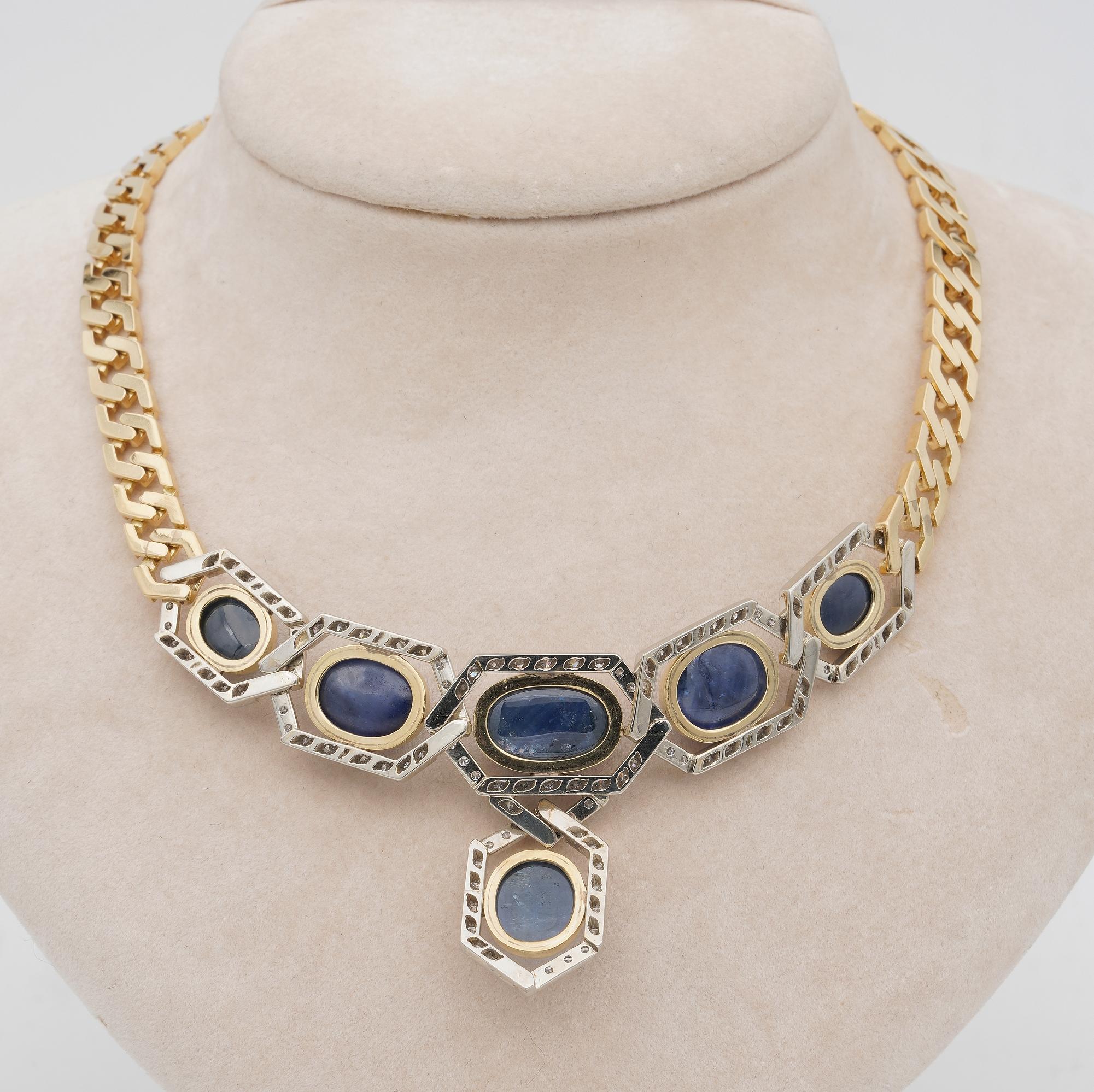 Unique 55.80 Ct Natural Sapphire 15.00 Ct 1970 Curb Necklace 18 KT For Sale 3