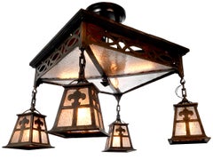 Unique 8 bulb Arts and Crafts Bronze Chandelier - Original Glass