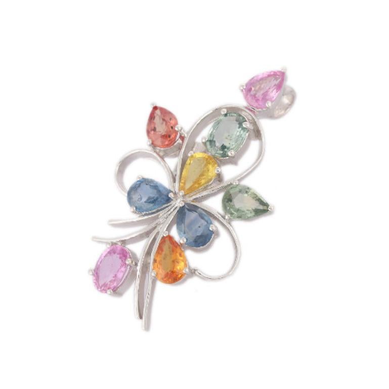 Mixed Cut Modern 8.44 Carat Multi Sapphire Flower Brooch Pin in 925 Sterling Silver For Sale