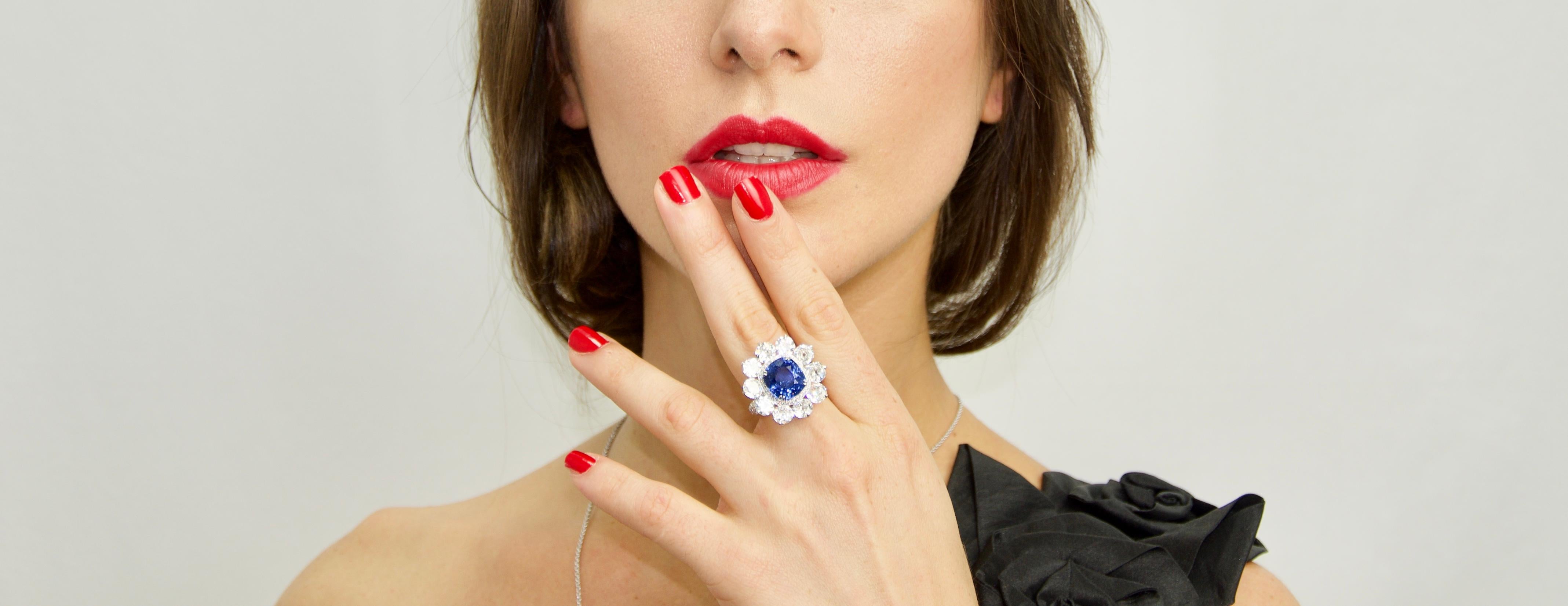 Art Deco Rarever 9.06ct Natural Blue Sapphire Old Cut Diamond Ring For Sale