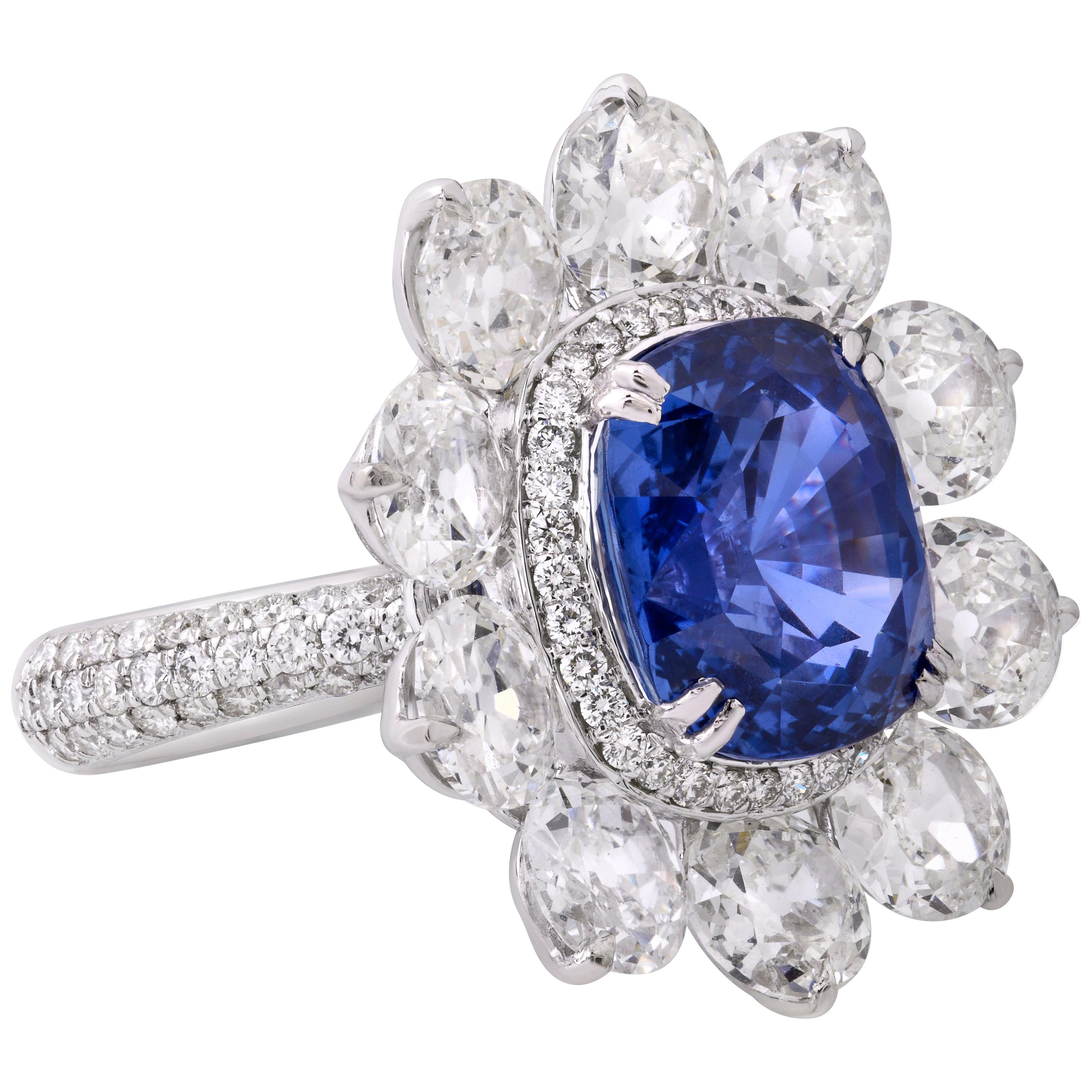 Rarever 9.06ct Natural Blue Sapphire Old Cut Diamond Ring