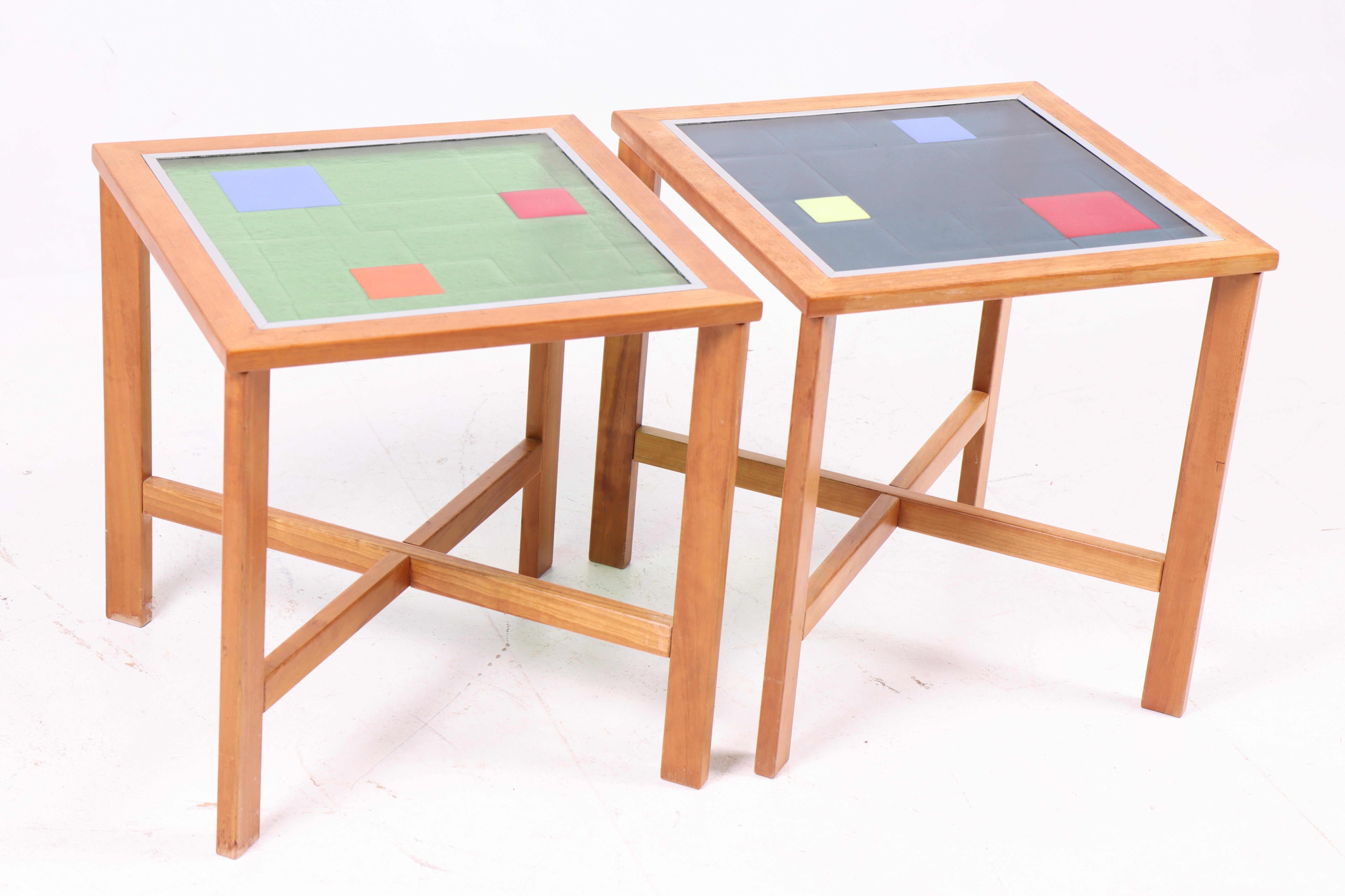 Scandinavian Modern Unique 90s lamp tables in beech wood with artistic glass tops – Danish design. For Sale
