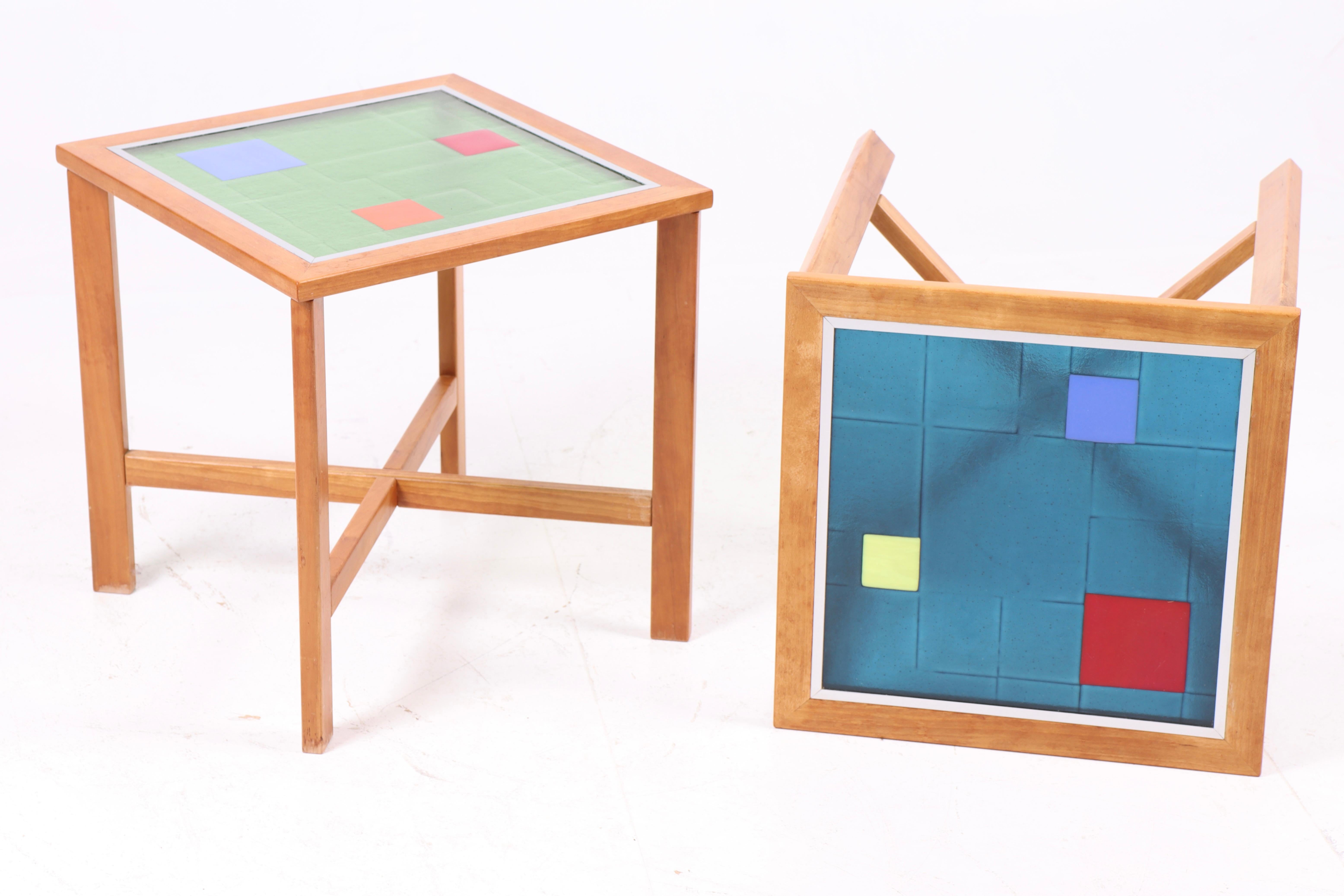 Glass Unique 90s lamp tables in beech wood with artistic glass tops – Danish design. For Sale