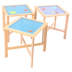 Unique 90s lamp tables in beech wood with artistic glass tops – Danish design.