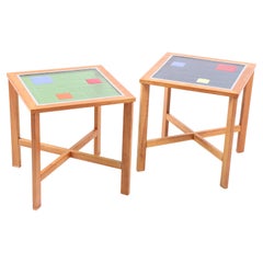 Unique 90s lamp tables in beech wood with artistic glass tops – Danish design.