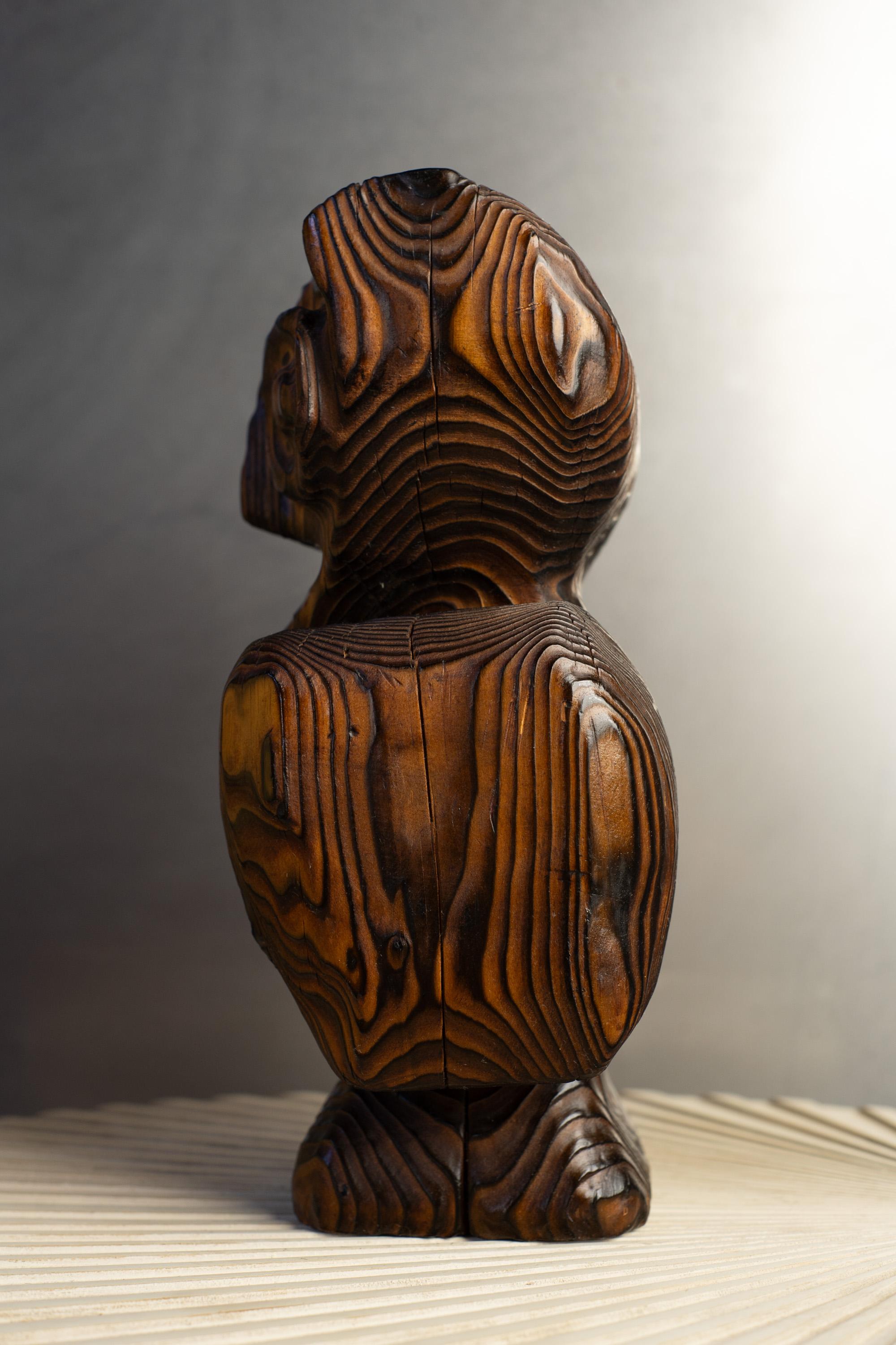 Americano Unico gufo astratto in legno di cedro intagliato e bruciato, scultura animale Tiki di Witco in vendita