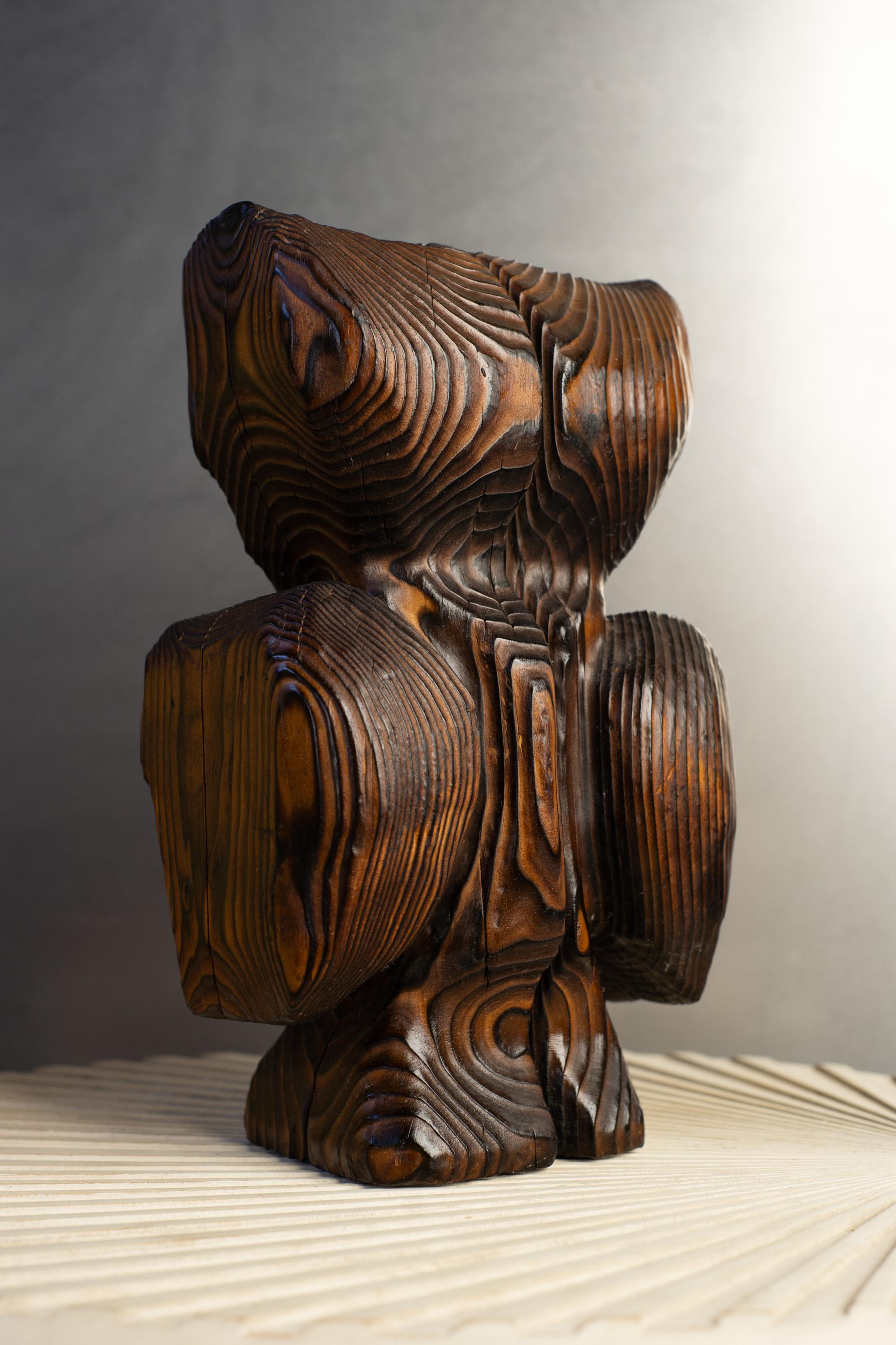 Intagliato Unico gufo astratto in legno di cedro intagliato e bruciato, scultura animale Tiki di Witco in vendita