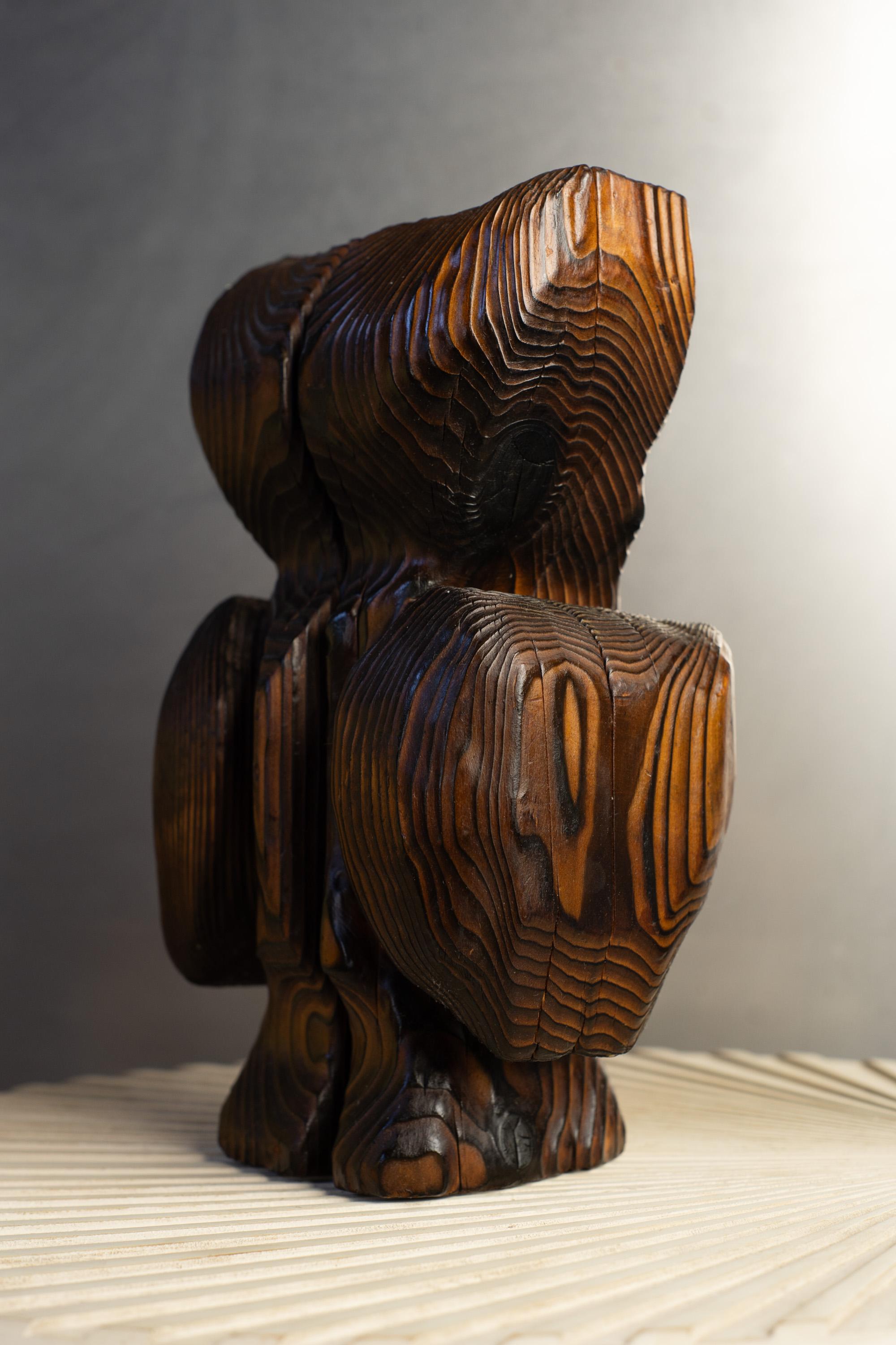 Metà XX secolo Unico gufo astratto in legno di cedro intagliato e bruciato, scultura animale Tiki di Witco in vendita