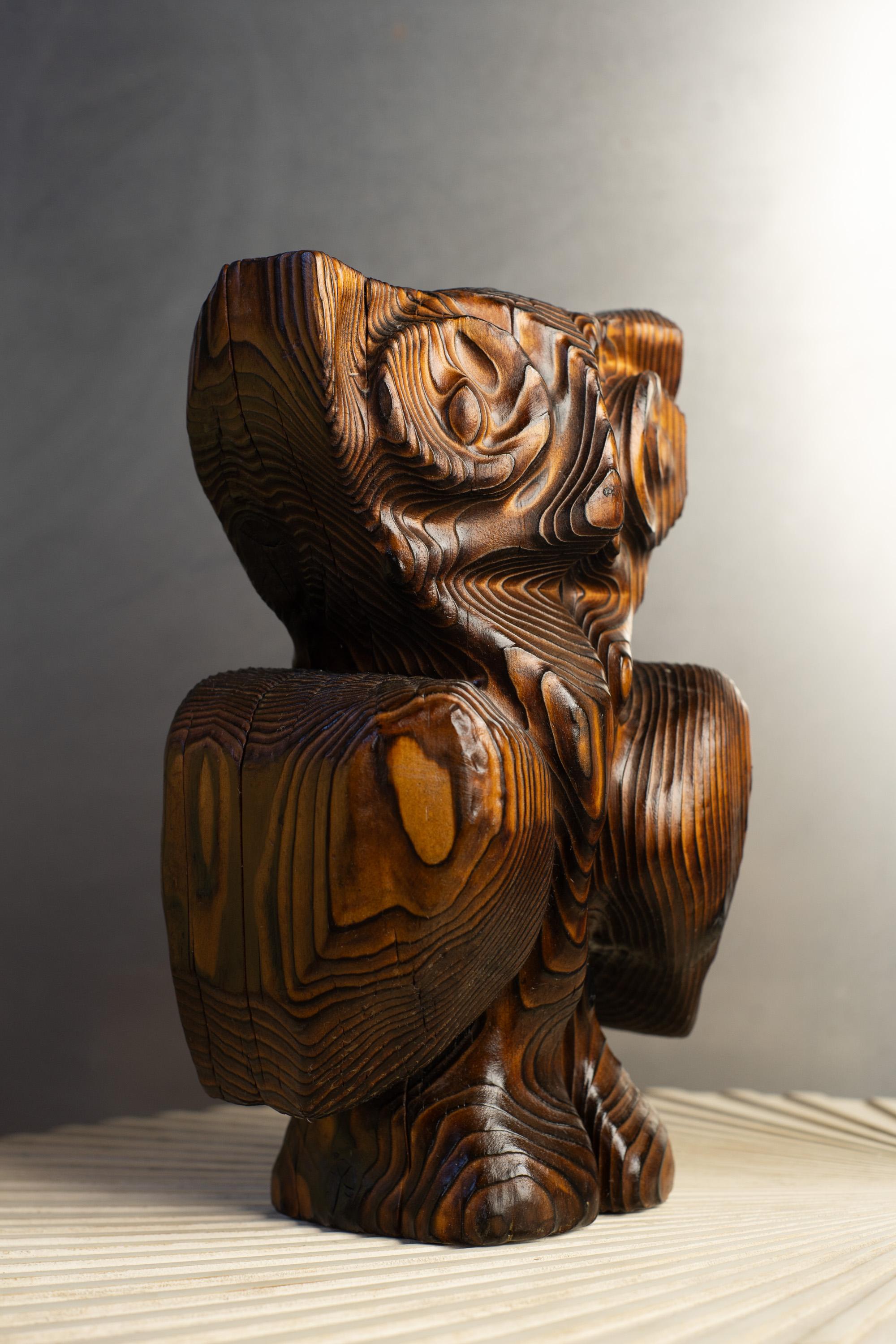 Legno Unico gufo astratto in legno di cedro intagliato e bruciato, scultura animale Tiki di Witco in vendita