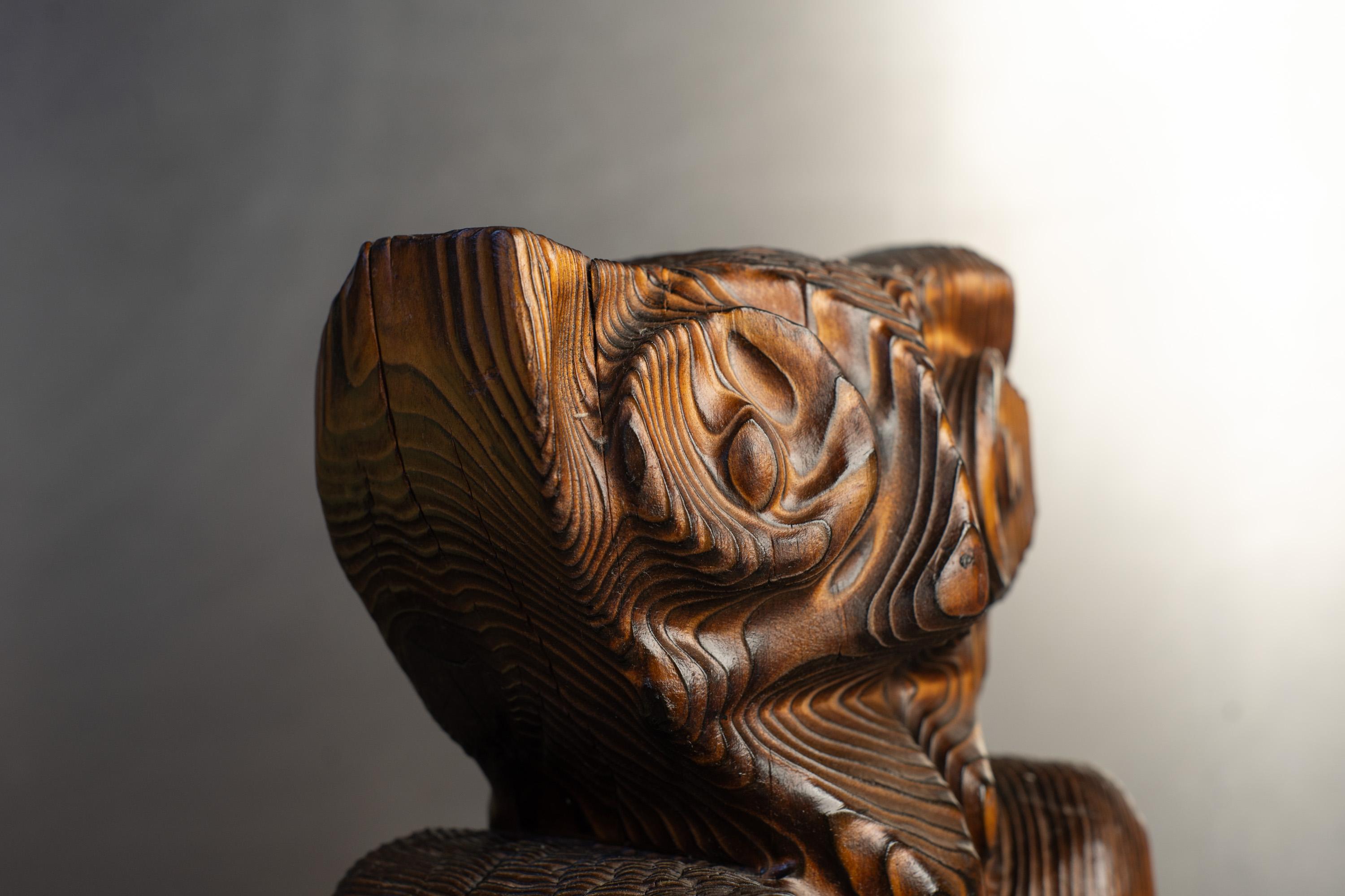 Unico gufo astratto in legno di cedro intagliato e bruciato, scultura animale Tiki di Witco in vendita 1