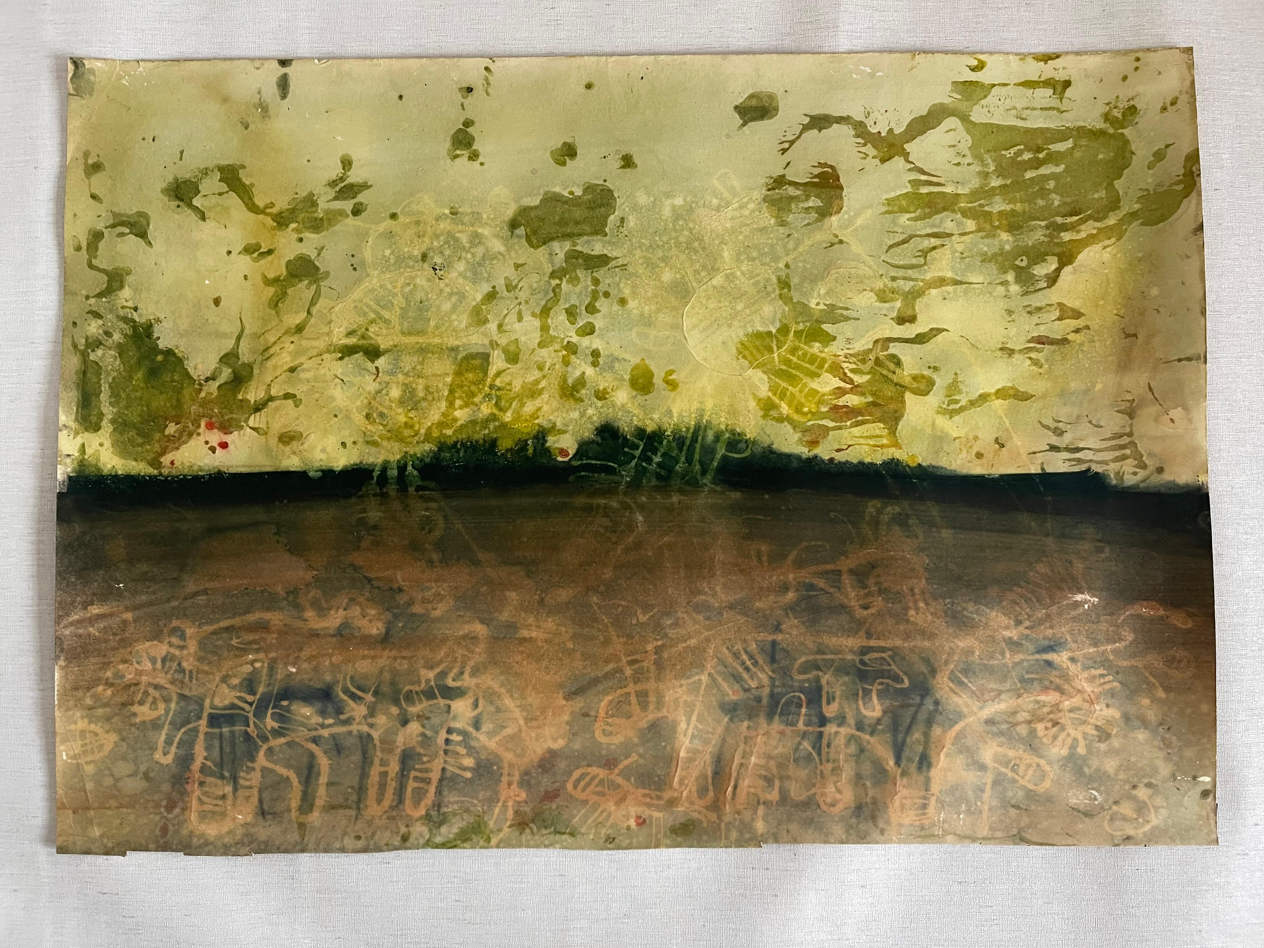 Einzigartiges abstraktes Gemälde in Mischtechnik auf Papier unter Verwendung natürlicher organischer Pflanzenfarben. 