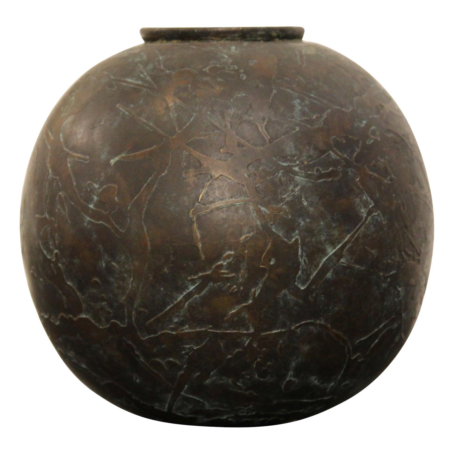 Unique Abstract Textured Bronze Circular Vase