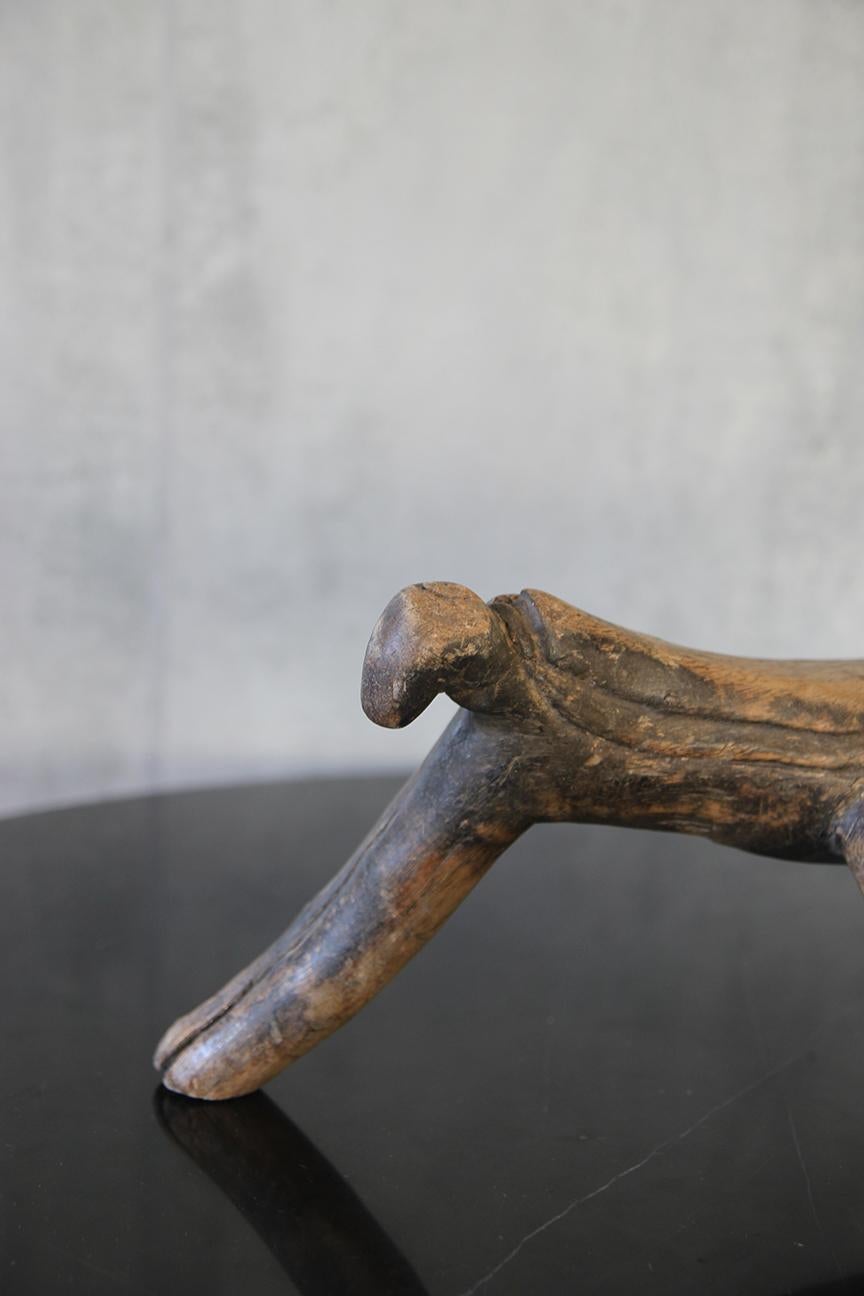 Essence de bois dur non identifiée/ Sculpté à la main à partir d'un seul accoudoir en bois dur.
Cet accoudoir a été construit par le peuple Dinka de la République du Sud.
Soudan. 
Généralement, ces appuis-tête comportent deux ou trois las dans cet