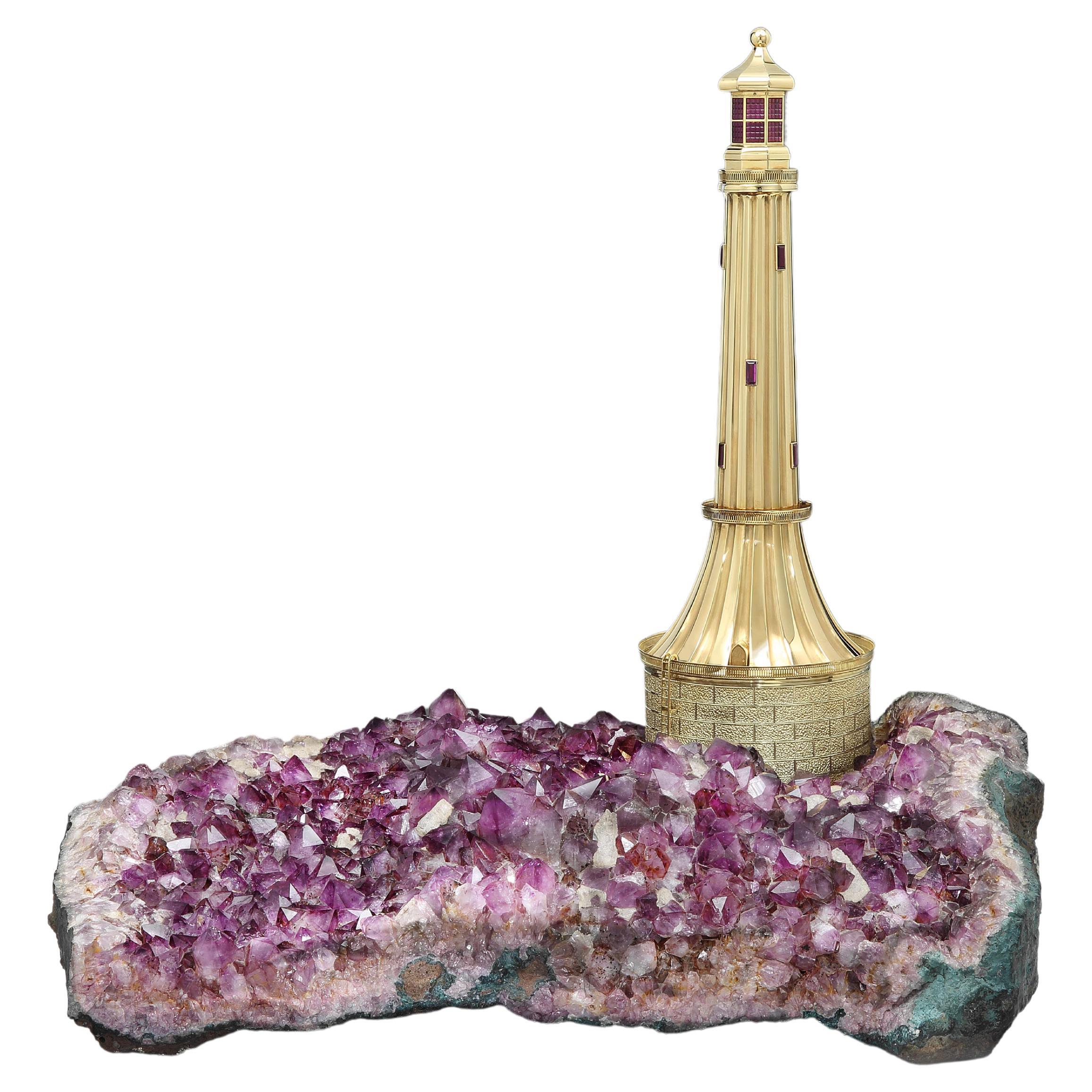 Unique Alfred Dunhill 18ct Gold and Amethyst Geode Lighthouse Lighter, 1975