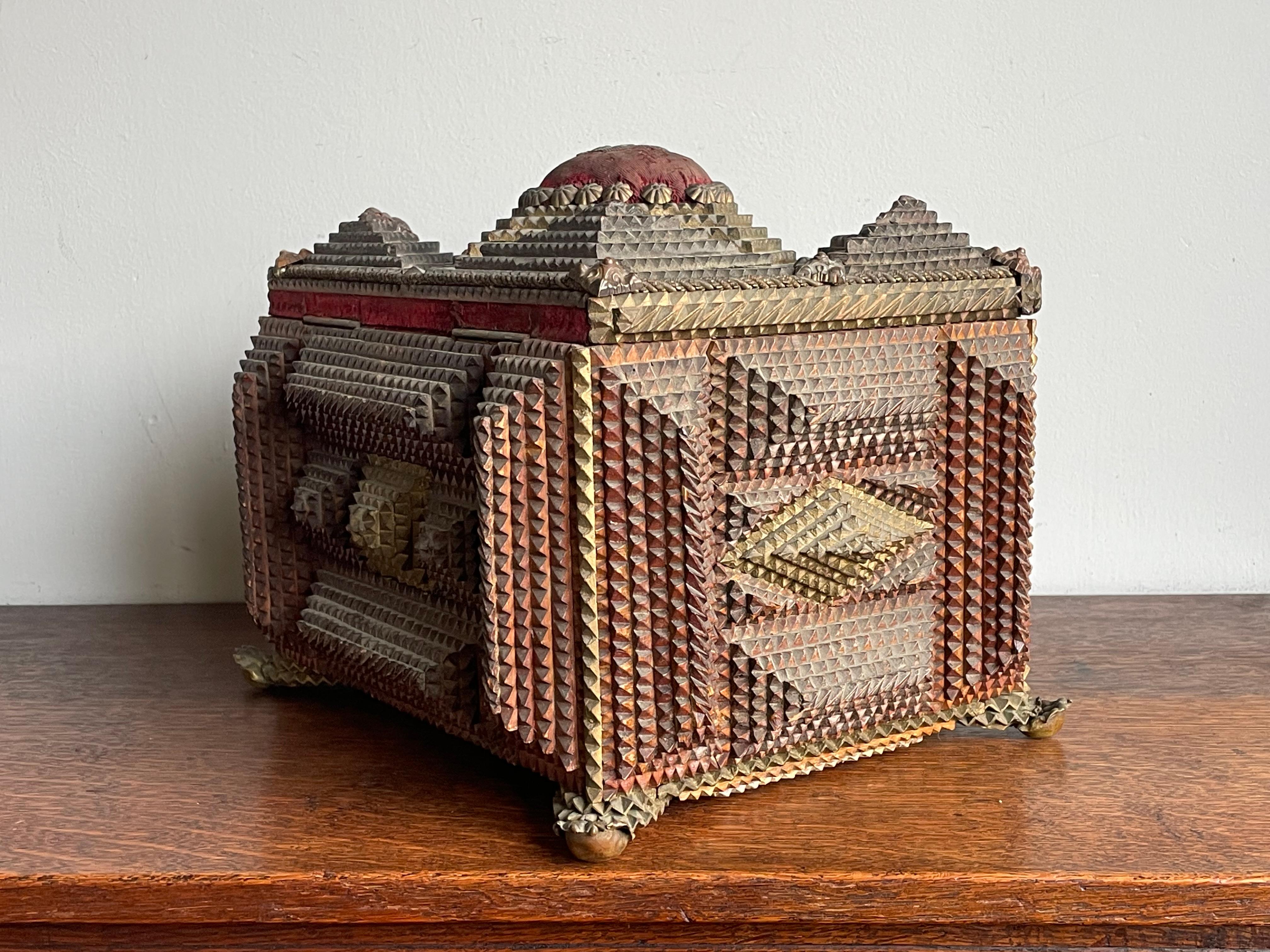 Unique & All Handcrafted Antique Tramp Art Box w. Gothic Look and Feel ca. 1860 3