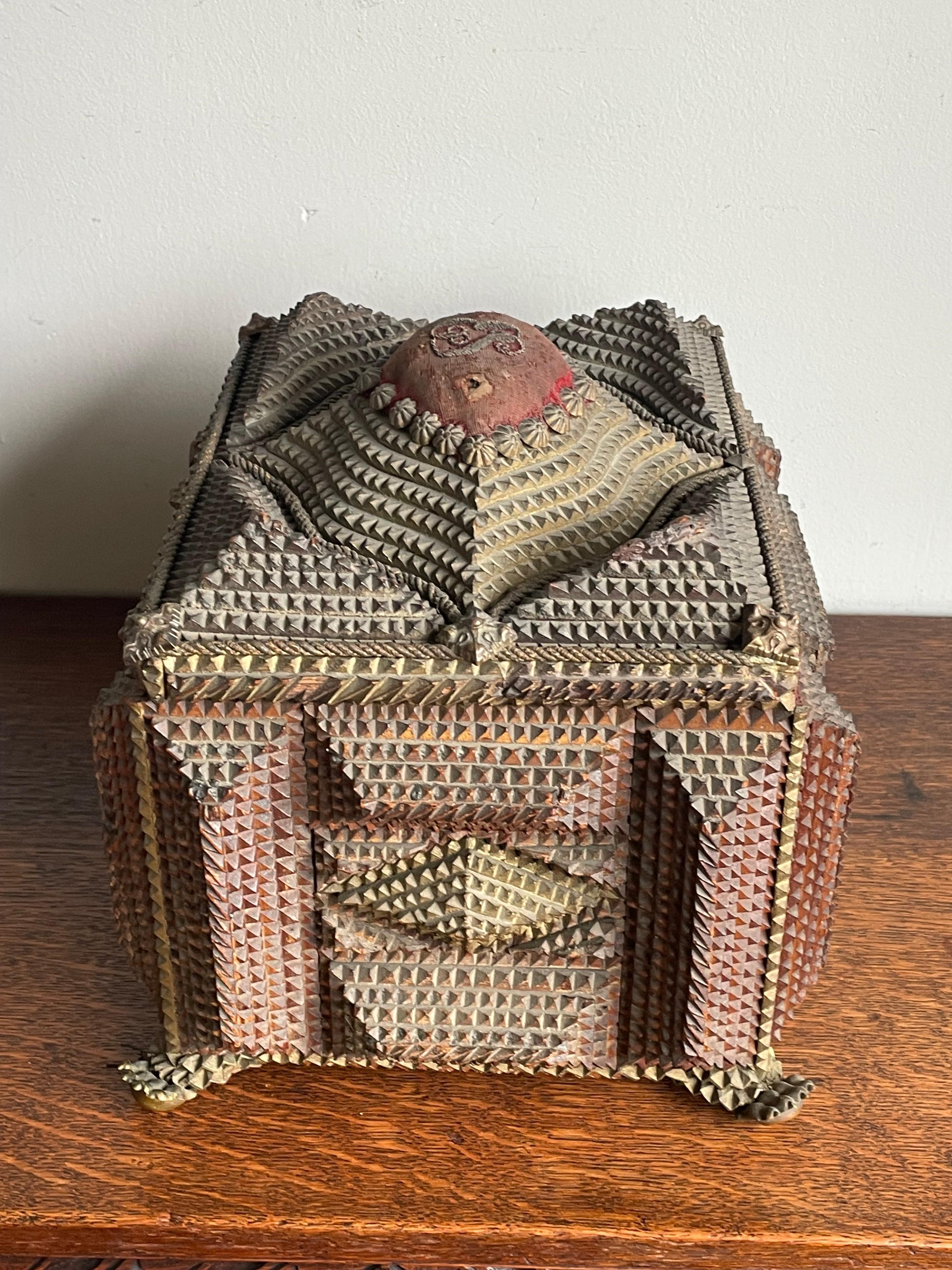 19th Century Unique & All Handcrafted Antique Tramp Art Box w. Gothic Look and Feel ca. 1860