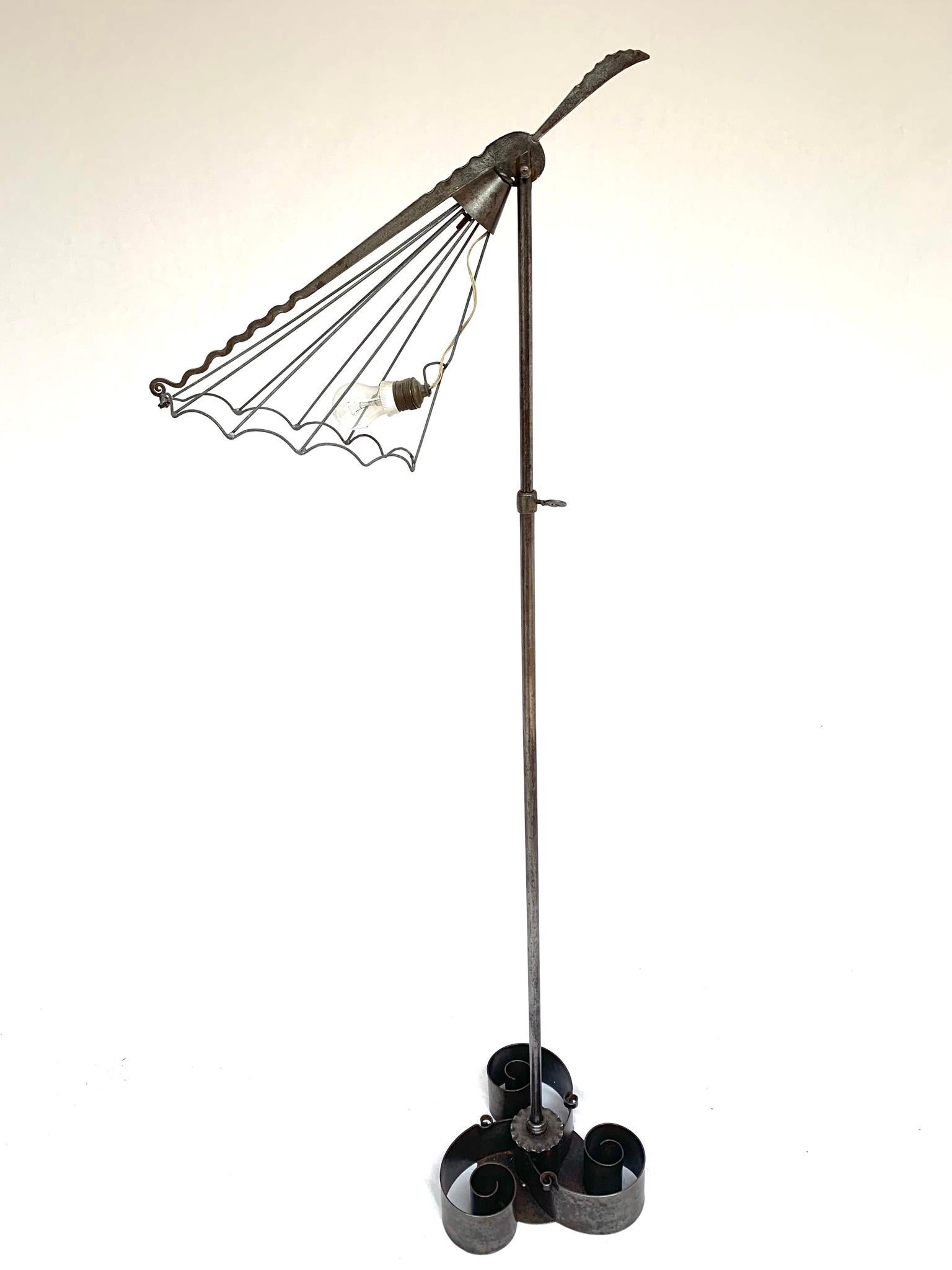 Unique All Handcrafted Wrought Iron Arts and Crafts Adjustable Shade Floor Lamp For Sale 9
