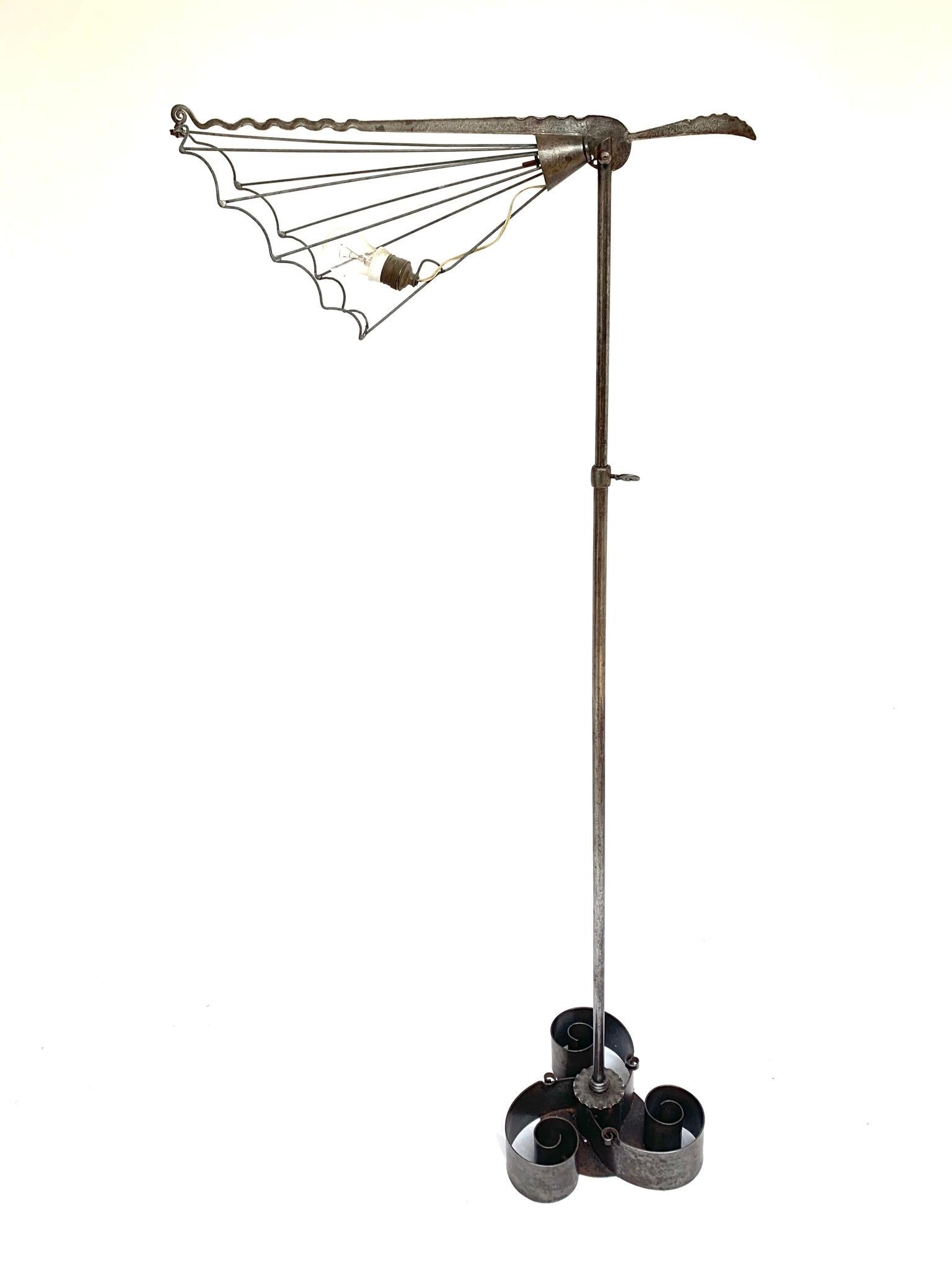 Unique All Handcrafted Wrought Iron Arts and Crafts Adjustable Shade Floor Lamp In Excellent Condition For Sale In Lisse, NL