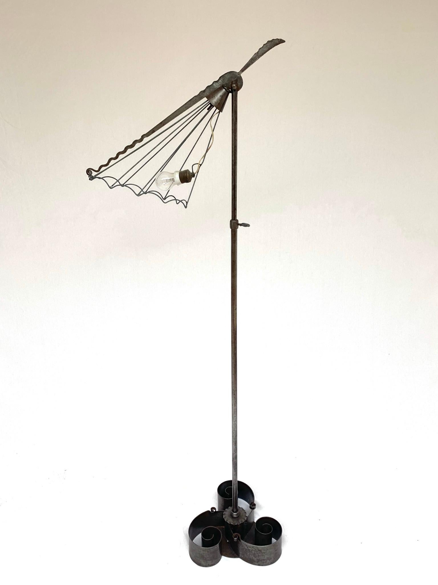20th Century Unique All Handcrafted Wrought Iron Arts and Crafts Adjustable Shade Floor Lamp For Sale