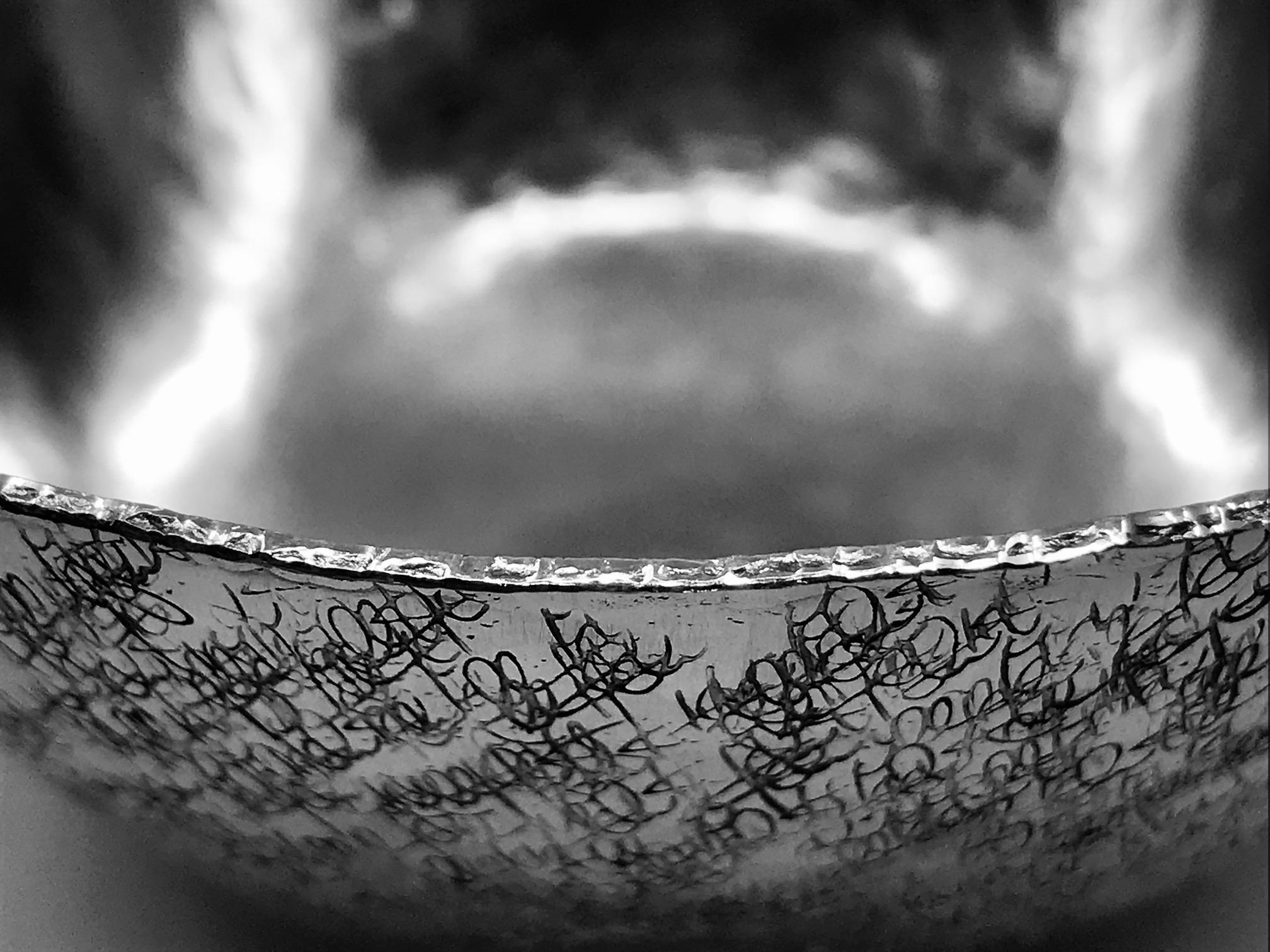 Unique Allan Scharff Fine silver small bowl made by hand in 2007, and called “Signature”.
The outside of the bowl is stamped all-over with Allan Scharff’s signature.
The interior of the bowl has a softly hammered surface and the edges are