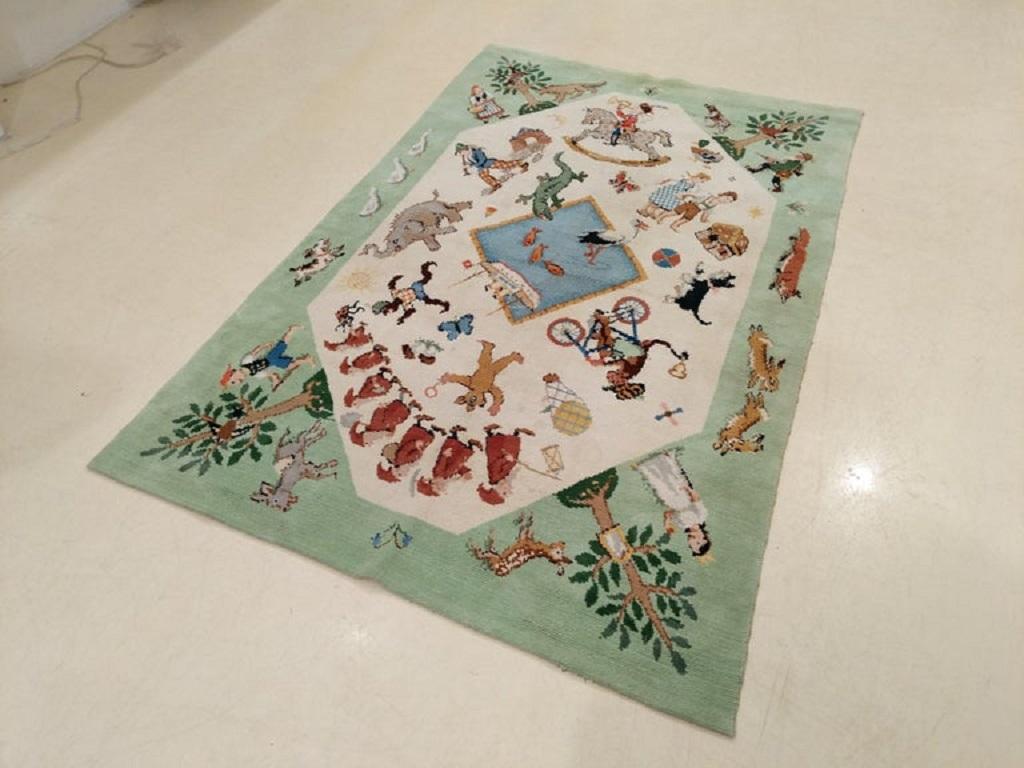 Wool Unique American Art Deco Rug with Grimm Brothers Fairy Tale Characters