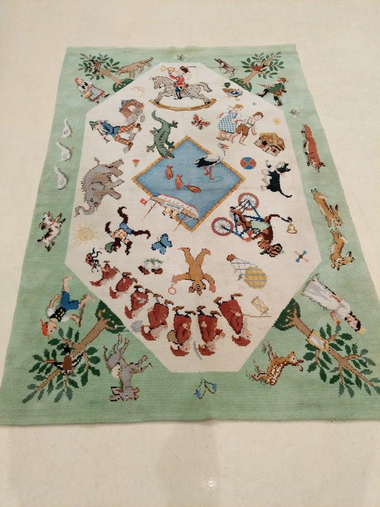 Unique American Art Deco Rug with Grimm Brothers Fairy Tale Characters 1