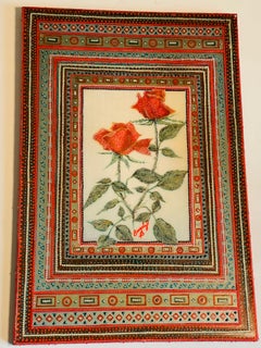 Unique American Art Red Roses in Beaded Collage Frame by Beverly Roberts