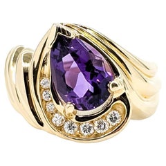 Unique Amethyst and Diamond 14k Yellow Gold Ring