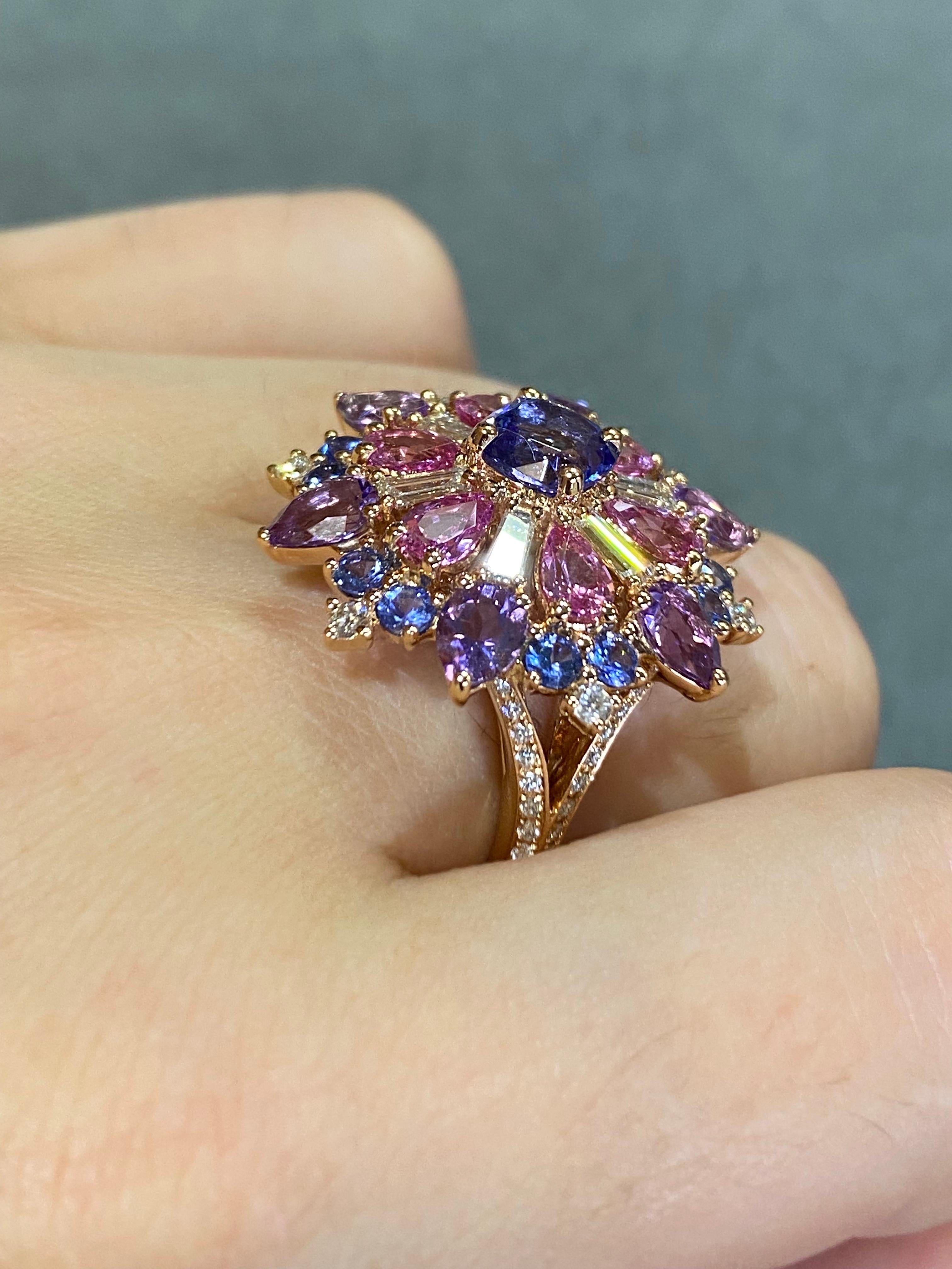 Modern Unique Amethyst Blue Sapphire Pink Sapphire Yellow 18K Gold Ring for Her For Sale