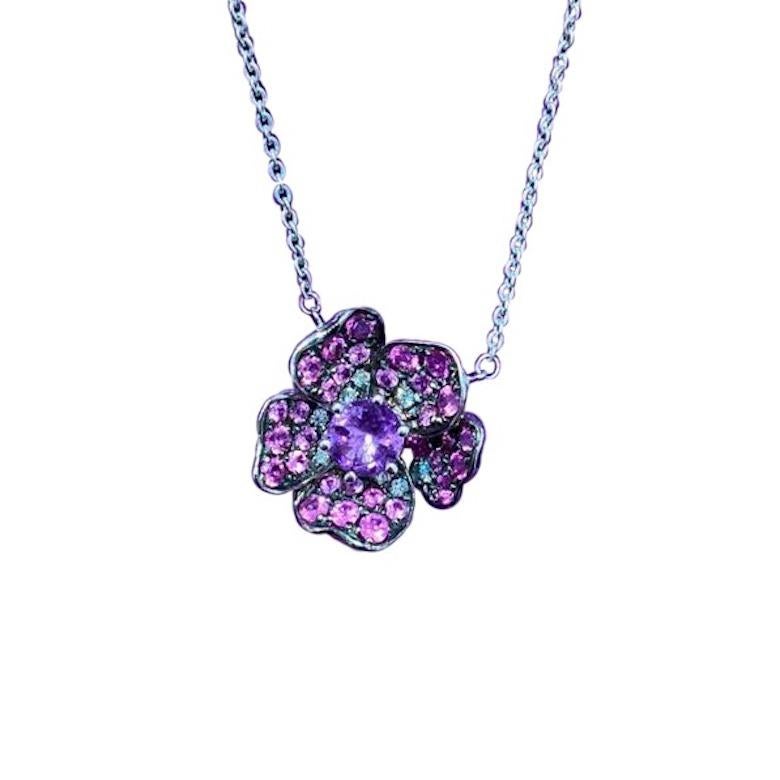 Modern Unique Amethyst Pink Topaz Diamonds White Gold 14K Necklace for Her For Sale