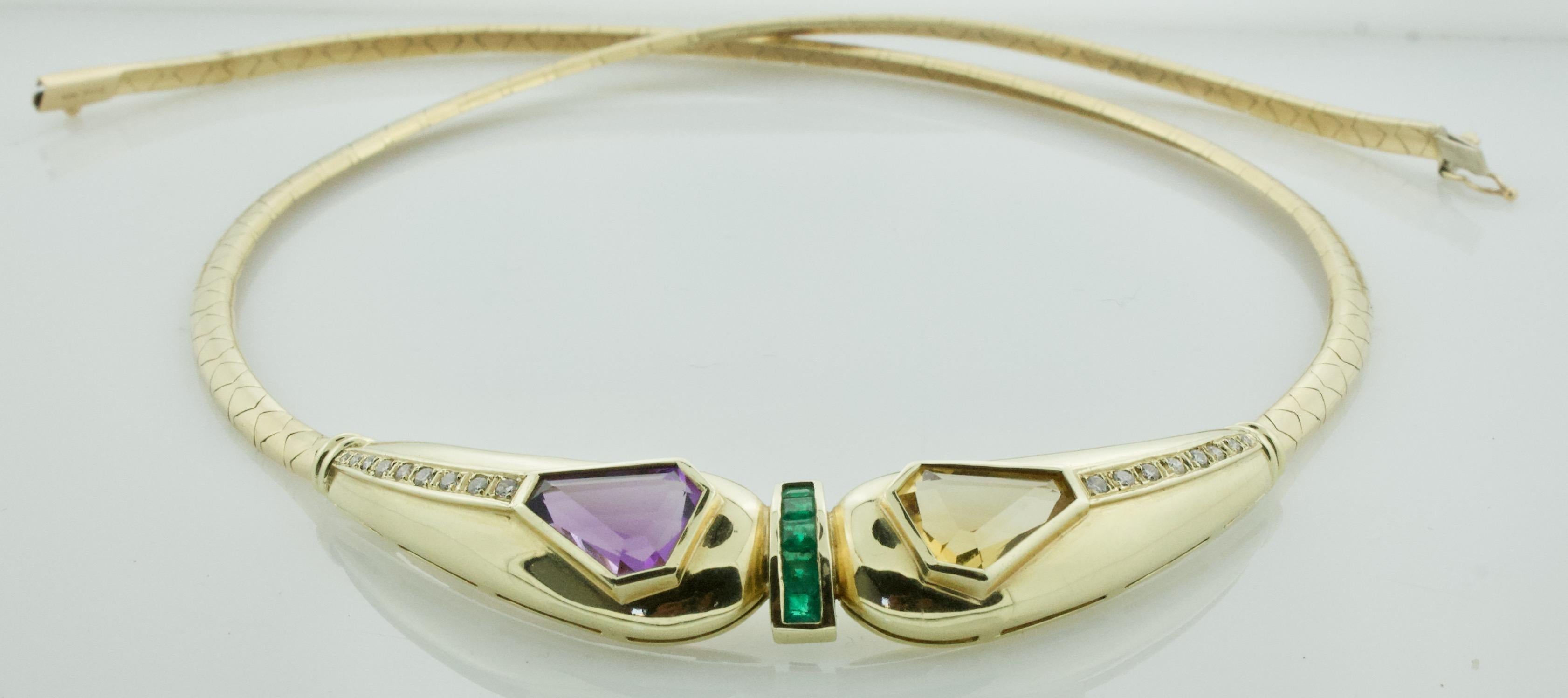 Kite Cut Unique Amethyst, Topaz, Emerald and Diamond 14k Yellow Gold Necklace  For Sale