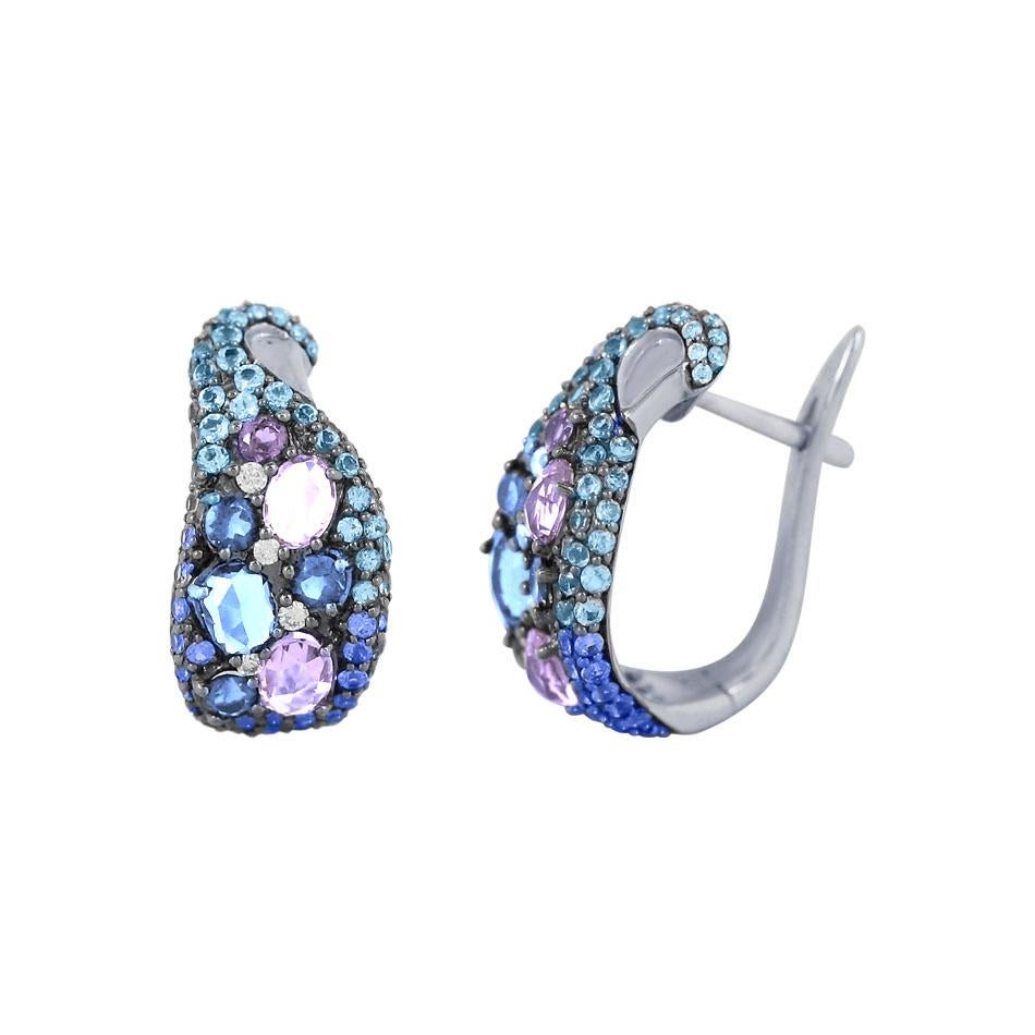 Women's Unique Amethyst Topaz Sapphire White Diamond Designer Lever Back Gold Earrings For Sale