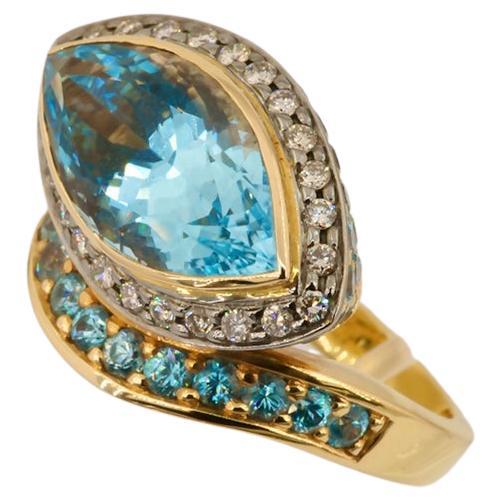 Einzigartiger Amulettenring, Olympus Art zertifiziert, Diamant, blauer Topas, natürlicher Zirkon (Neuägyptisch) im Angebot