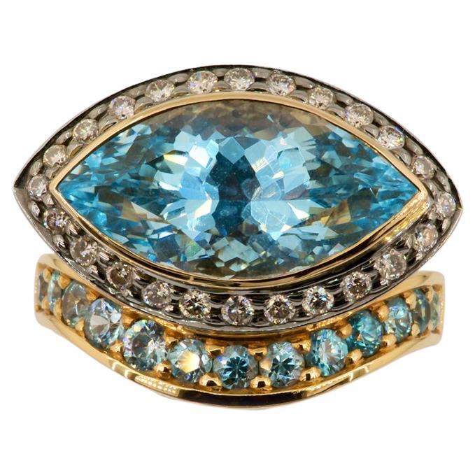 Bague amulette unique, certifiée Olympus Art, diamant, topaze bleue, zircon naturel