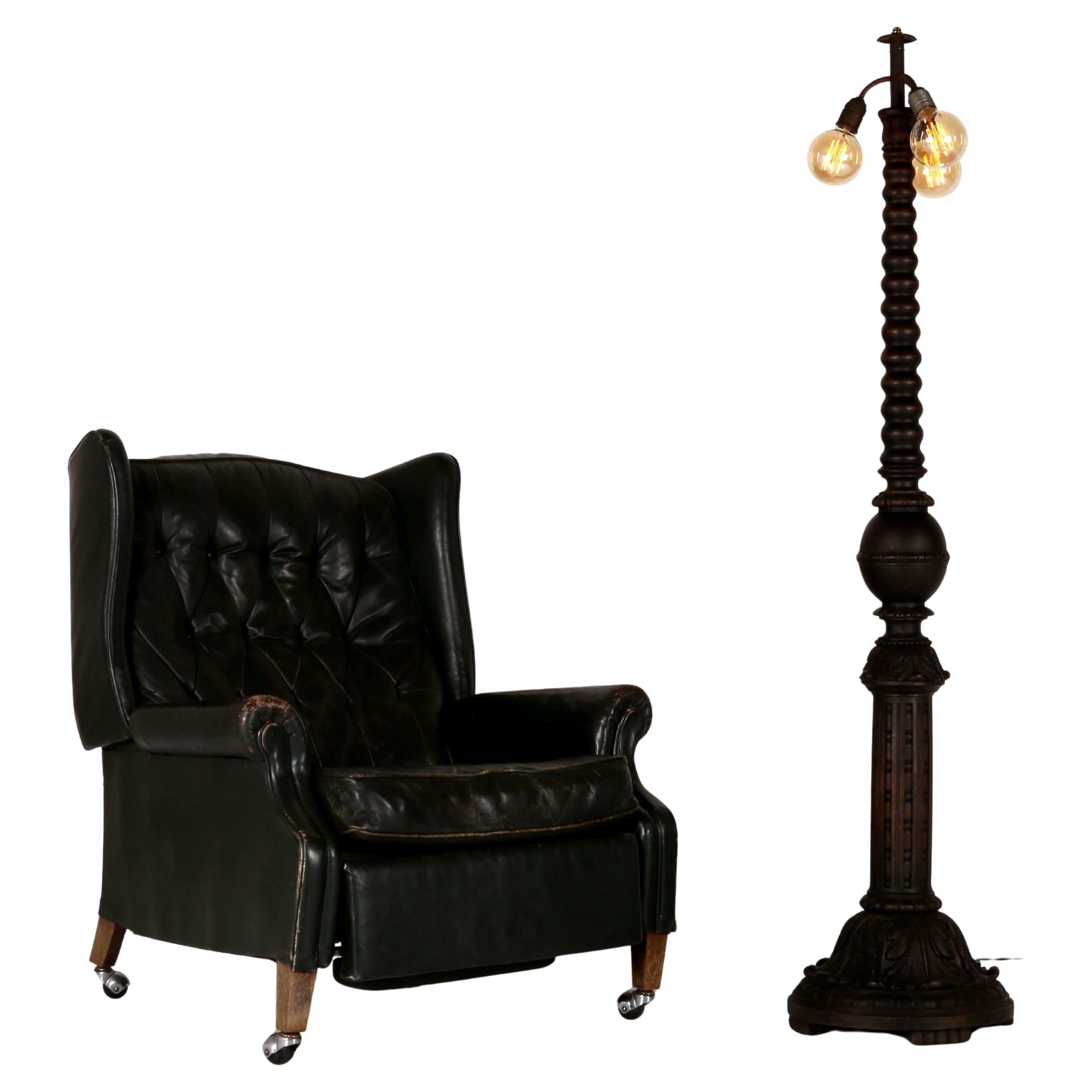 Unique and antique Austrian floor lamp stand, carved and turned : solid oak wood