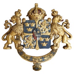 Unique and Antique Hand Carved and Gilt Wooden Coat of Arms or Crest of Sweden