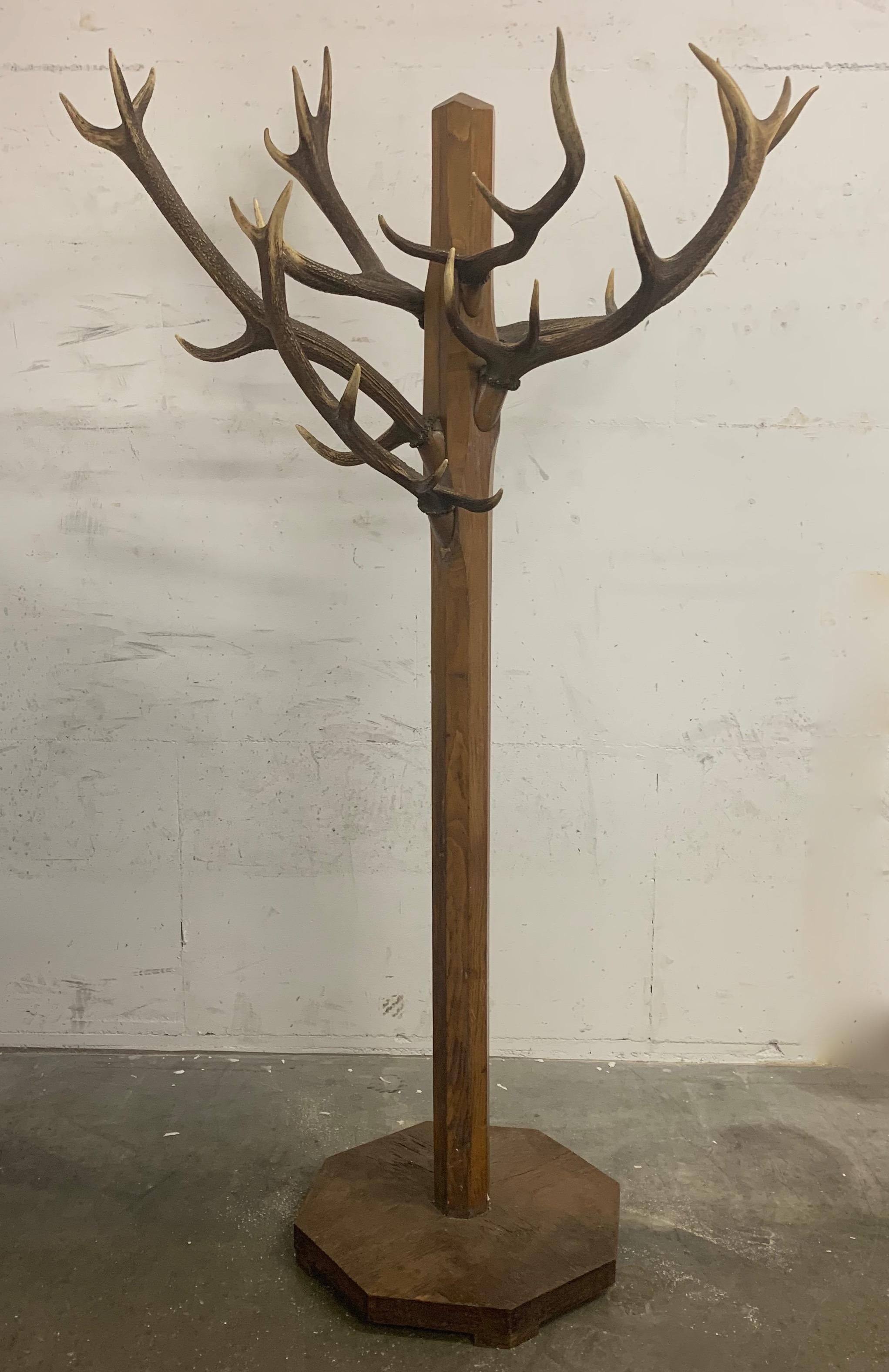 Unique and Antique Oak and Real Antlers Entry Hall Floor Coat Rack and Hat Stand 4