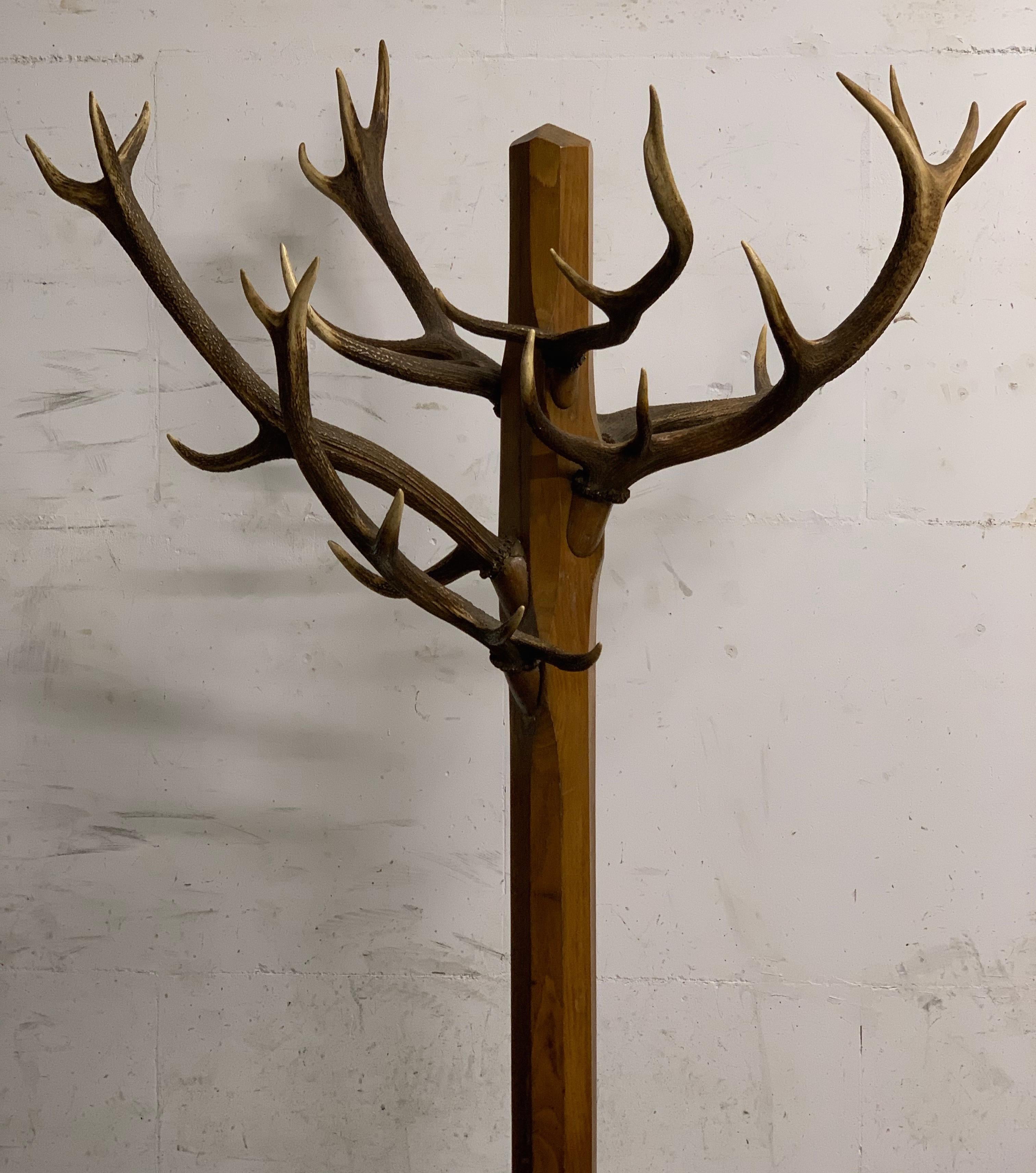 Unique and Antique Oak and Real Antlers Entry Hall Floor Coat Rack and Hat Stand 5