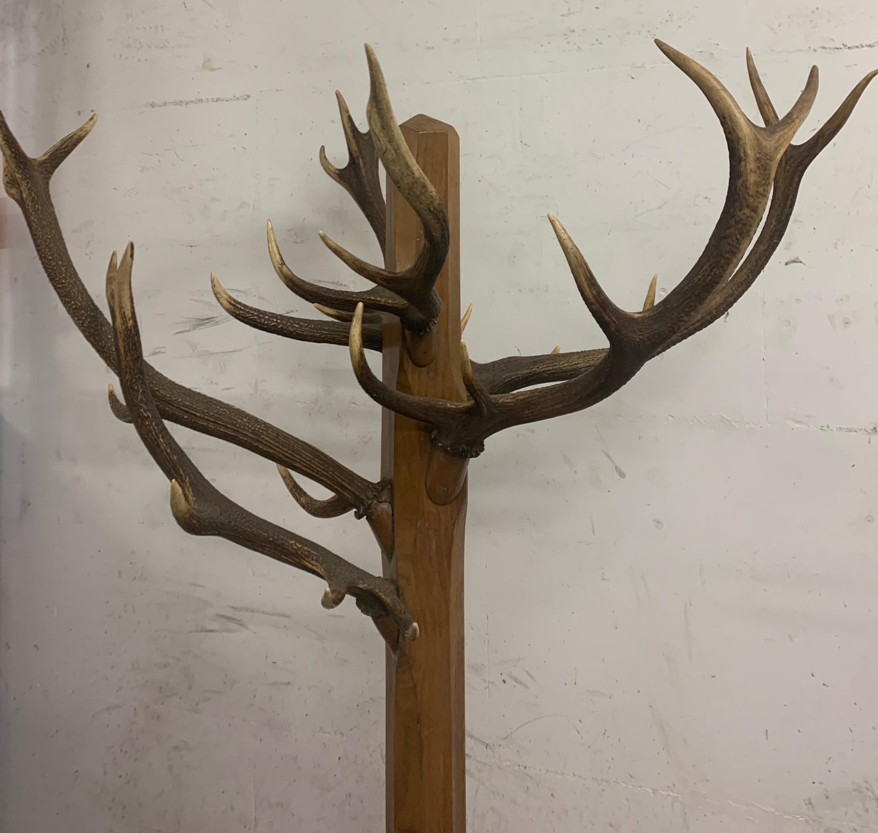 Rustic Unique and Antique Oak and Real Antlers Entry Hall Floor Coat Rack and Hat Stand