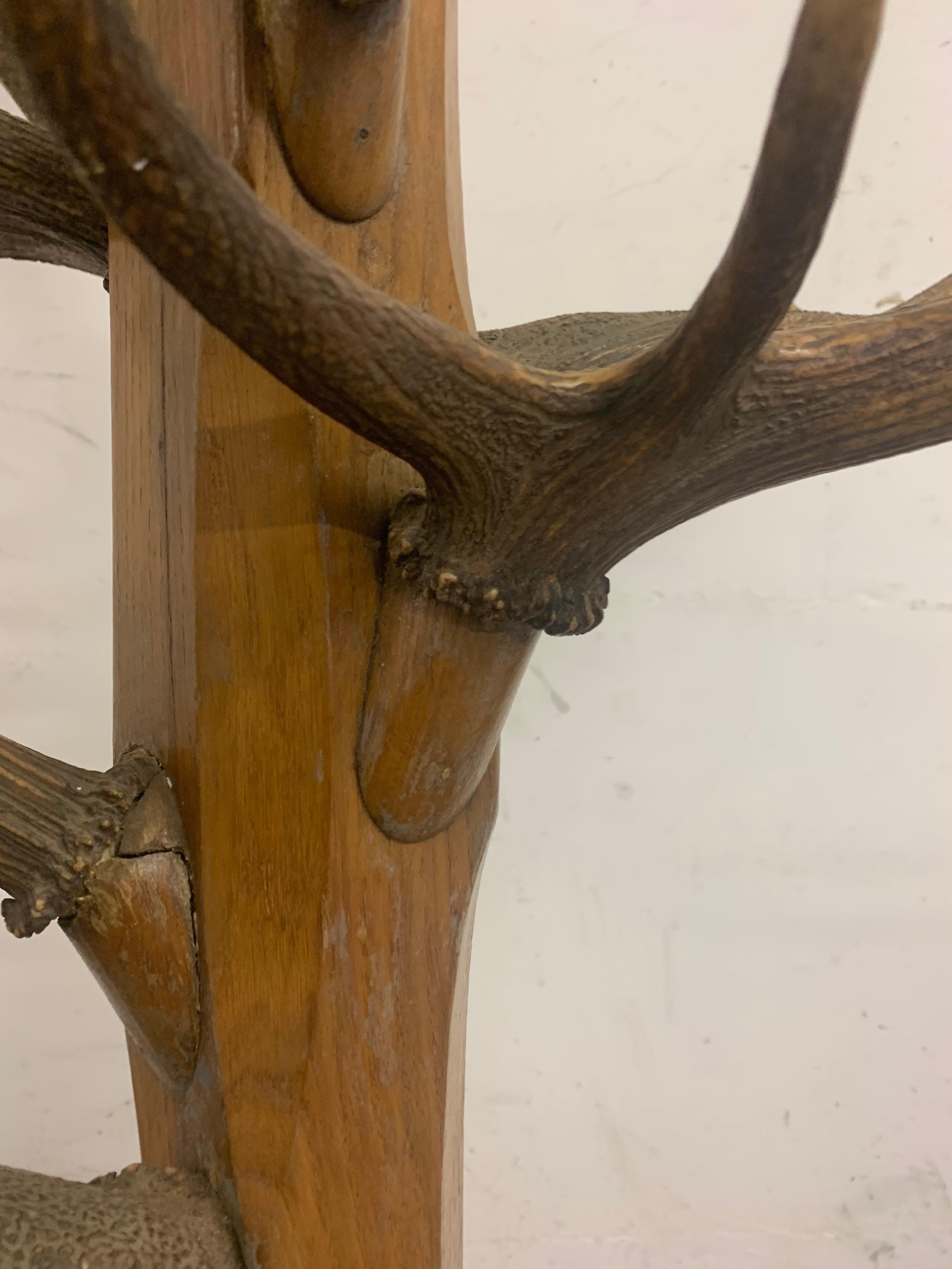 Hand-Crafted Unique and Antique Oak and Real Antlers Entry Hall Floor Coat Rack and Hat Stand