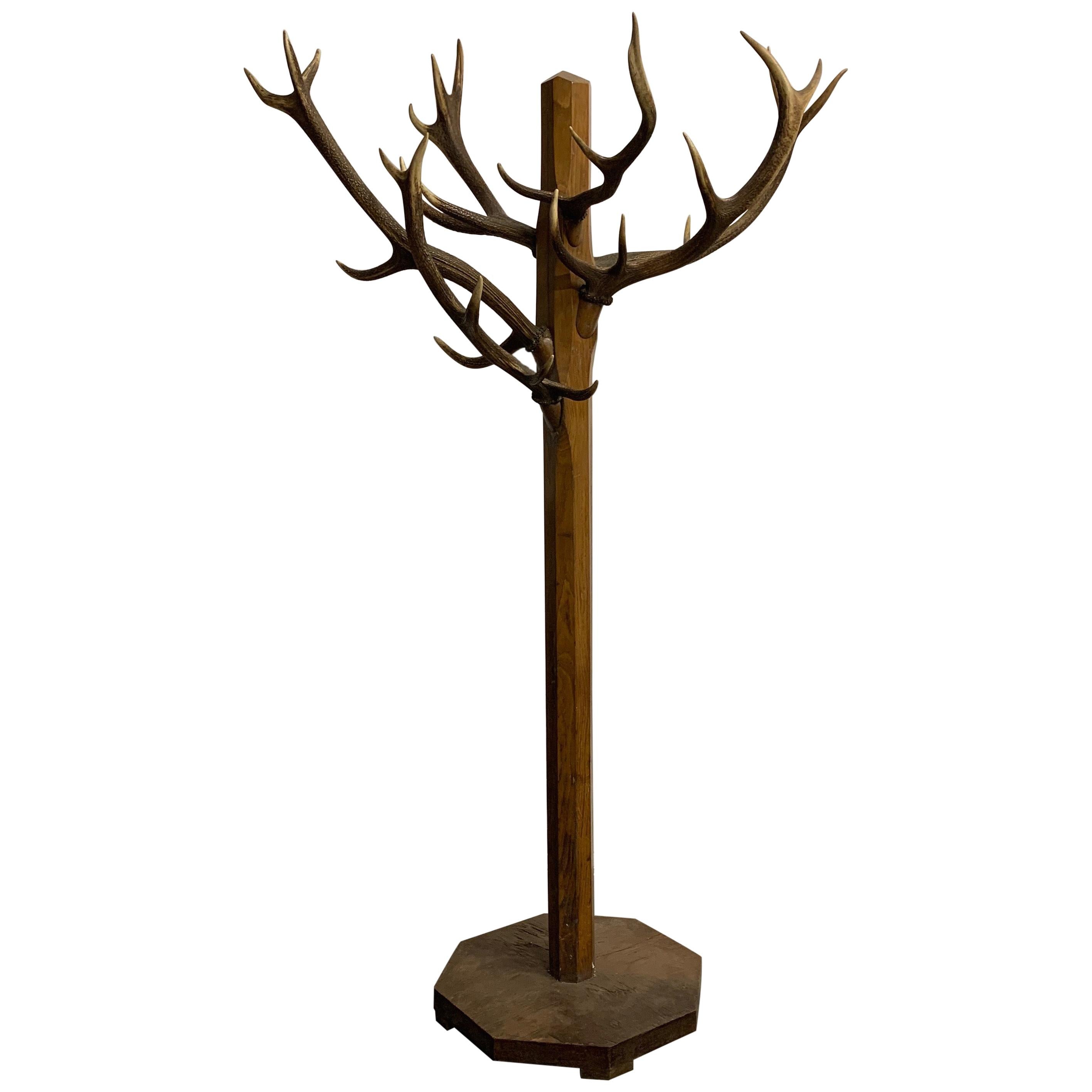 Unique and Antique Oak and Real Antlers Entry Hall Floor Coat Rack and Hat Stand